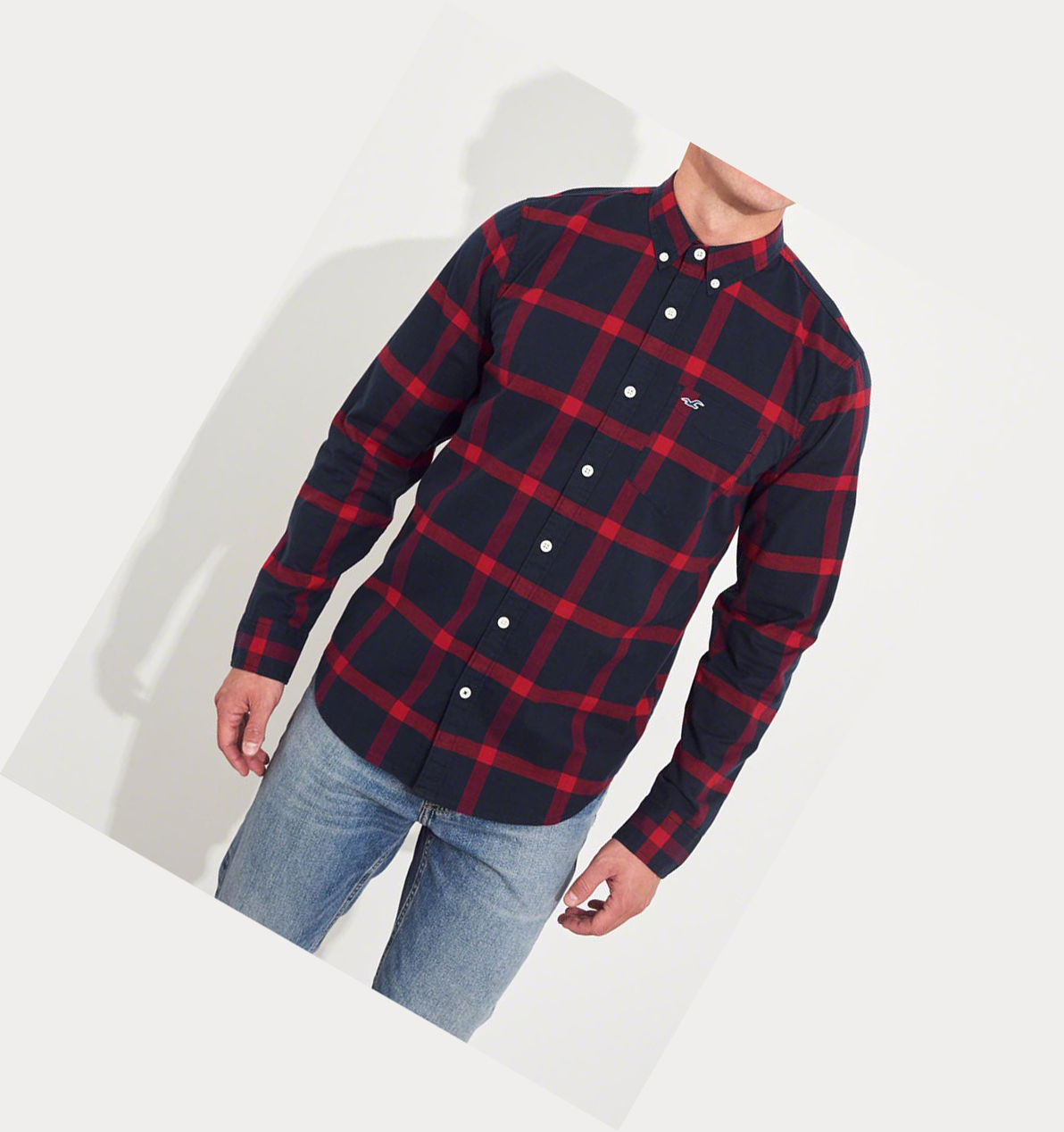 Navy Hollister Stretch Plaid Poplin Men's Long Sleeve | ZA-GYOB245