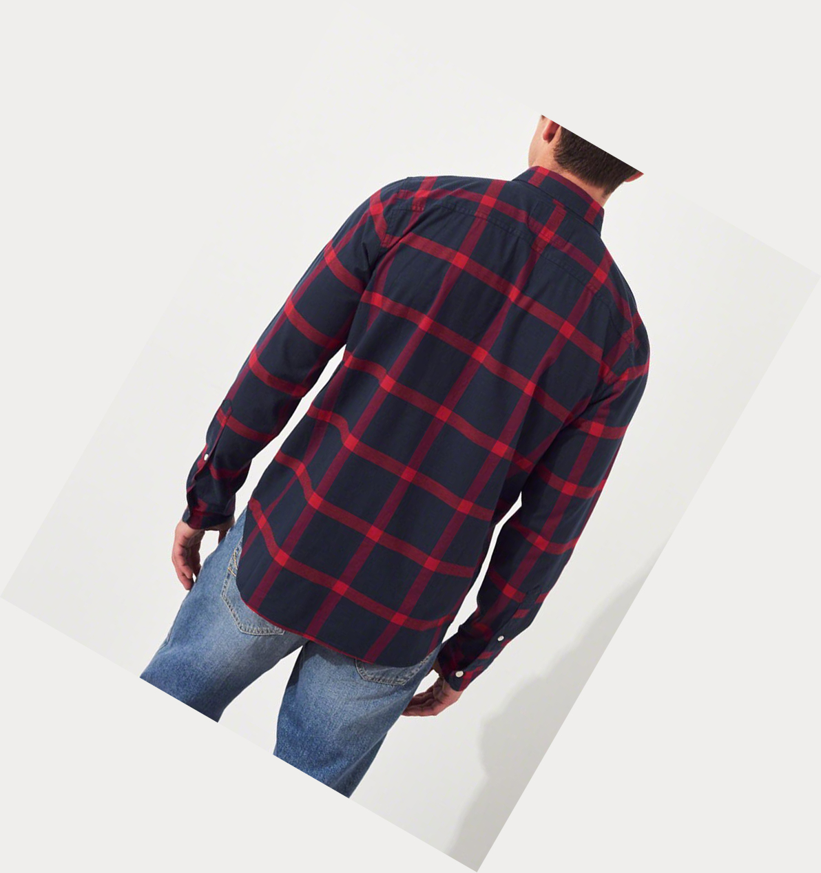 Navy Hollister Stretch Plaid Poplin Men's Long Sleeve | ZA-GYOB245