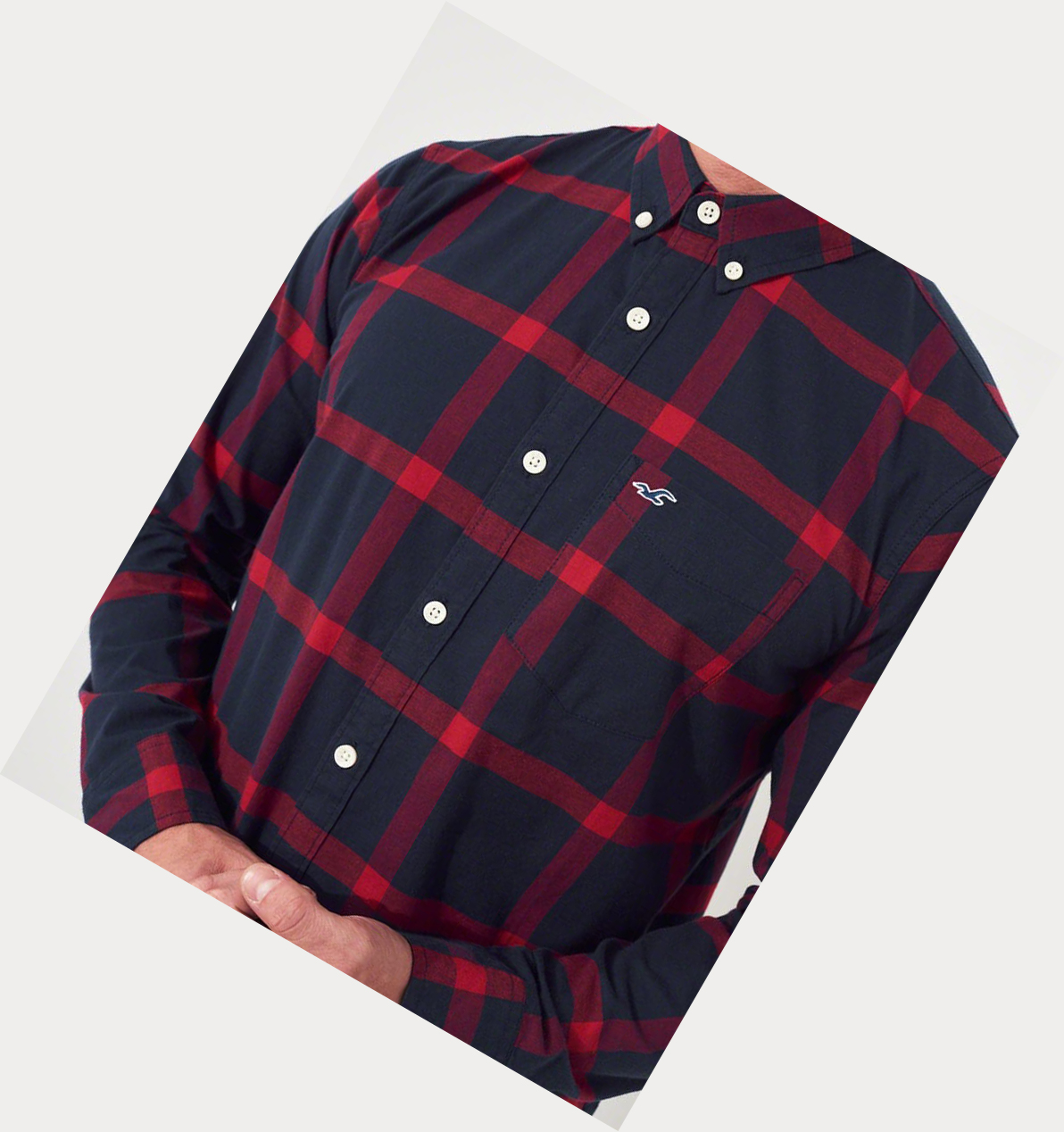 Navy Hollister Stretch Plaid Poplin Men's Long Sleeve | ZA-GYOB245