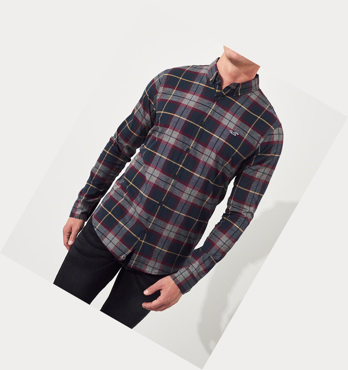 Navy Hollister Stretch Plaid Poplin Men's Long Sleeve | ZA-RDWH051