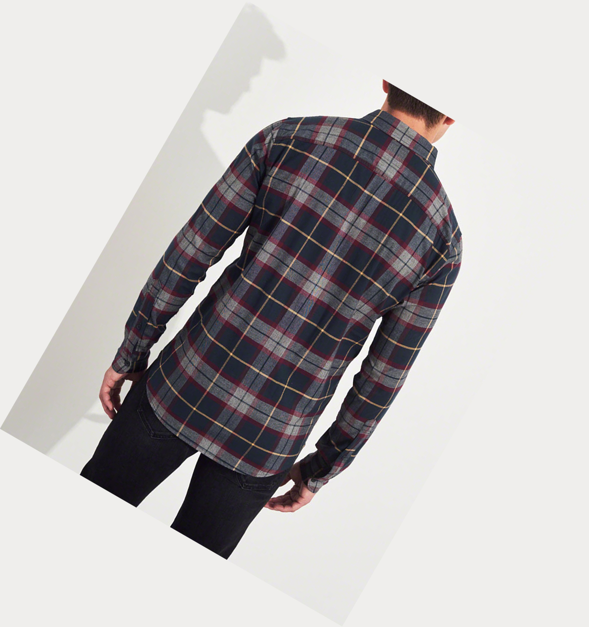 Navy Hollister Stretch Plaid Poplin Men's Long Sleeve | ZA-RDWH051