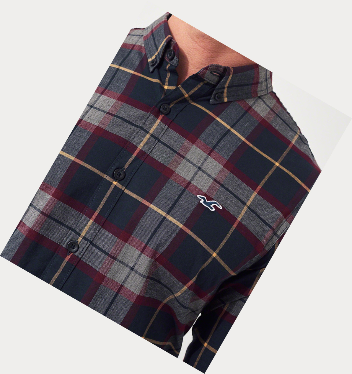 Navy Hollister Stretch Plaid Poplin Men's Long Sleeve | ZA-RDWH051