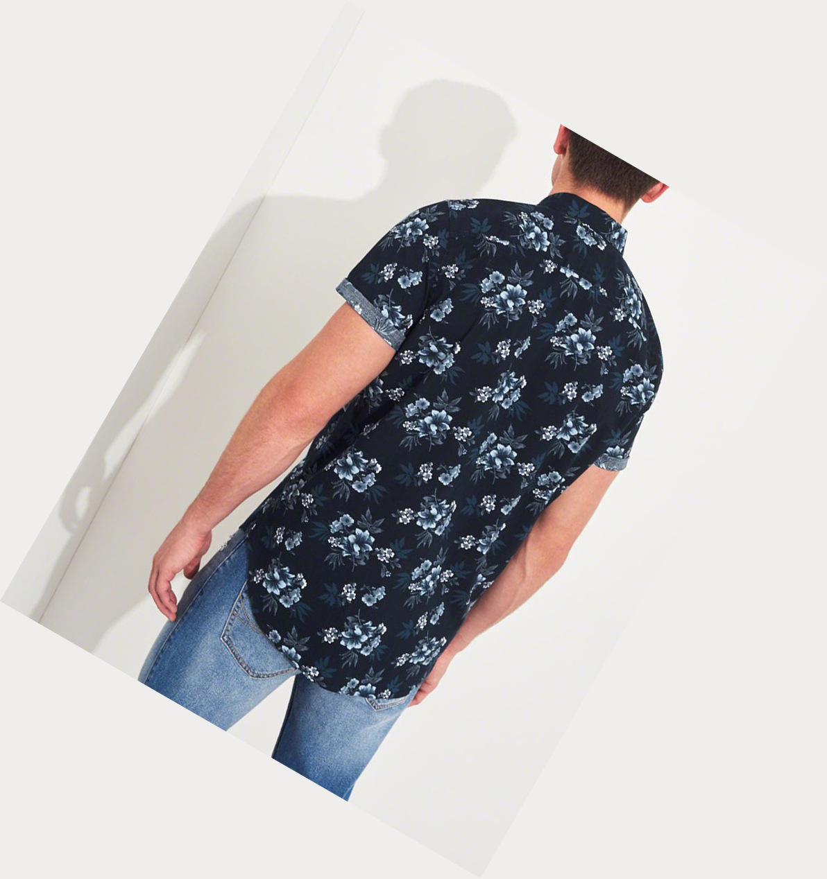 Navy Hollister Stretch Poplin Men's Short Sleeve | ZA-WOHN680