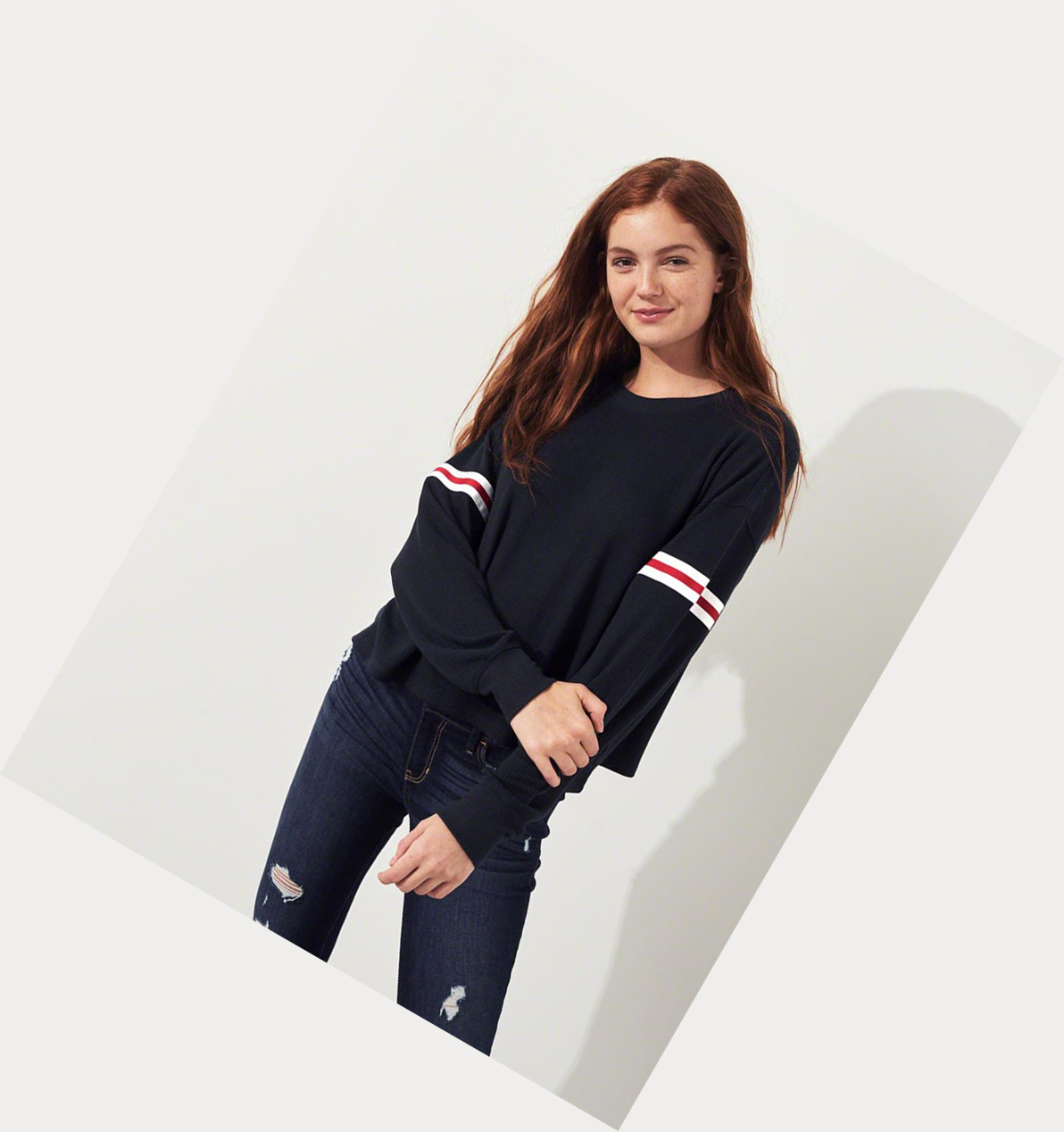 Navy Hollister Stripe Waffle Boyfriend Women's Long Sleeve | ZA-QSCO975