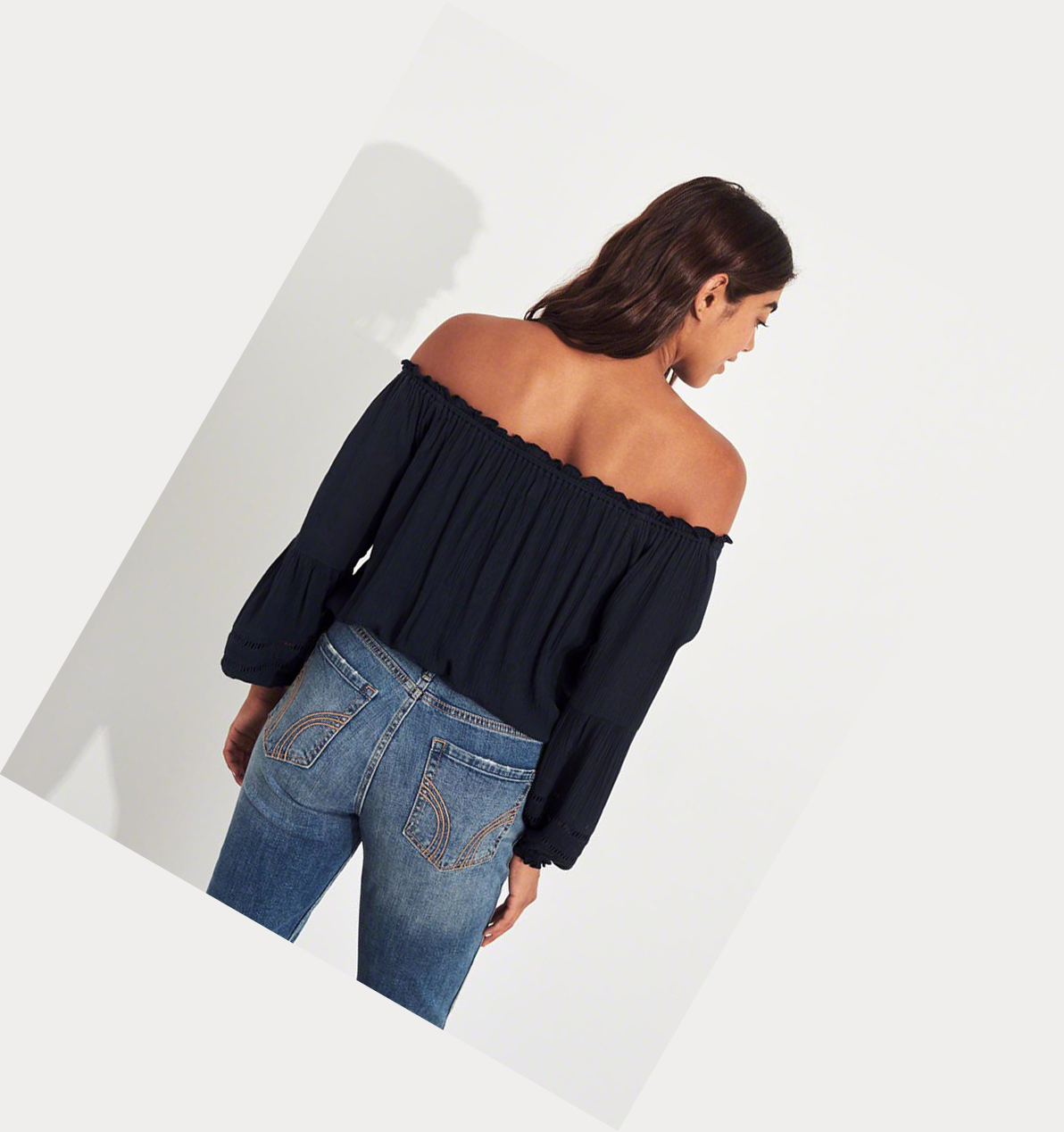 Navy Hollister Tie-Front Off-The-Shoulder Women's Long Sleeve | ZA-LJMI819