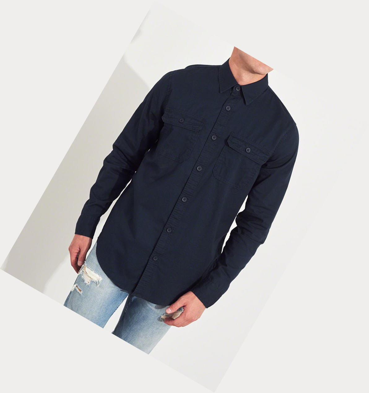 Navy Hollister Twill Utility Men's Long Sleeve | ZA-IVEW291