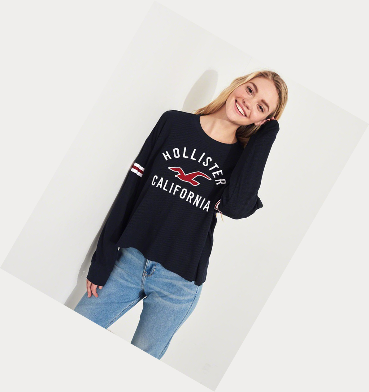 Navy Hollister Waffle Boyfriend Women's Long Sleeve | ZA-ENJQ517