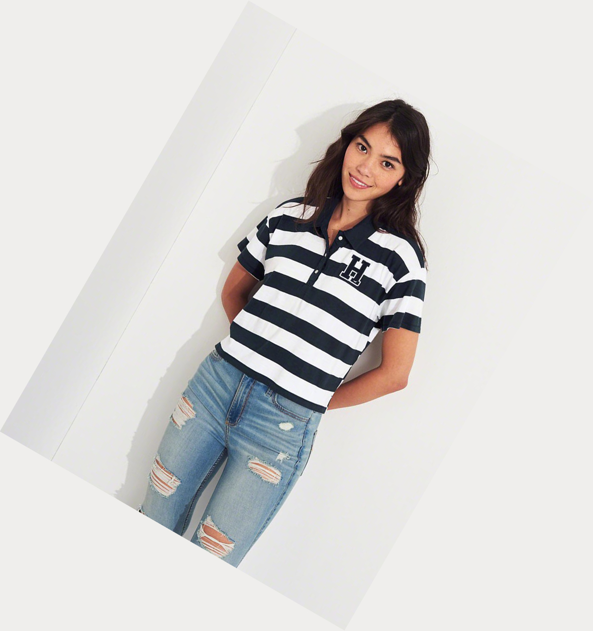 Navy Stripes Hollister Logo Stripe Crop Women's Polo Shirts | ZA-ABRW937