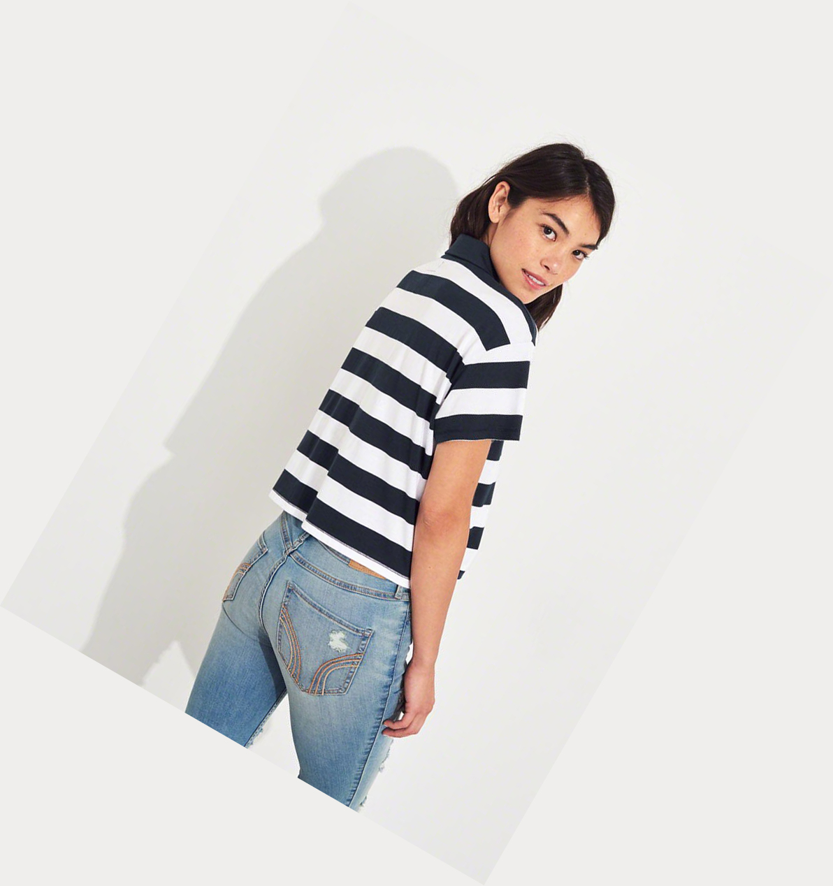 Navy Stripes Hollister Logo Stripe Crop Women's Polo Shirts | ZA-ABRW937