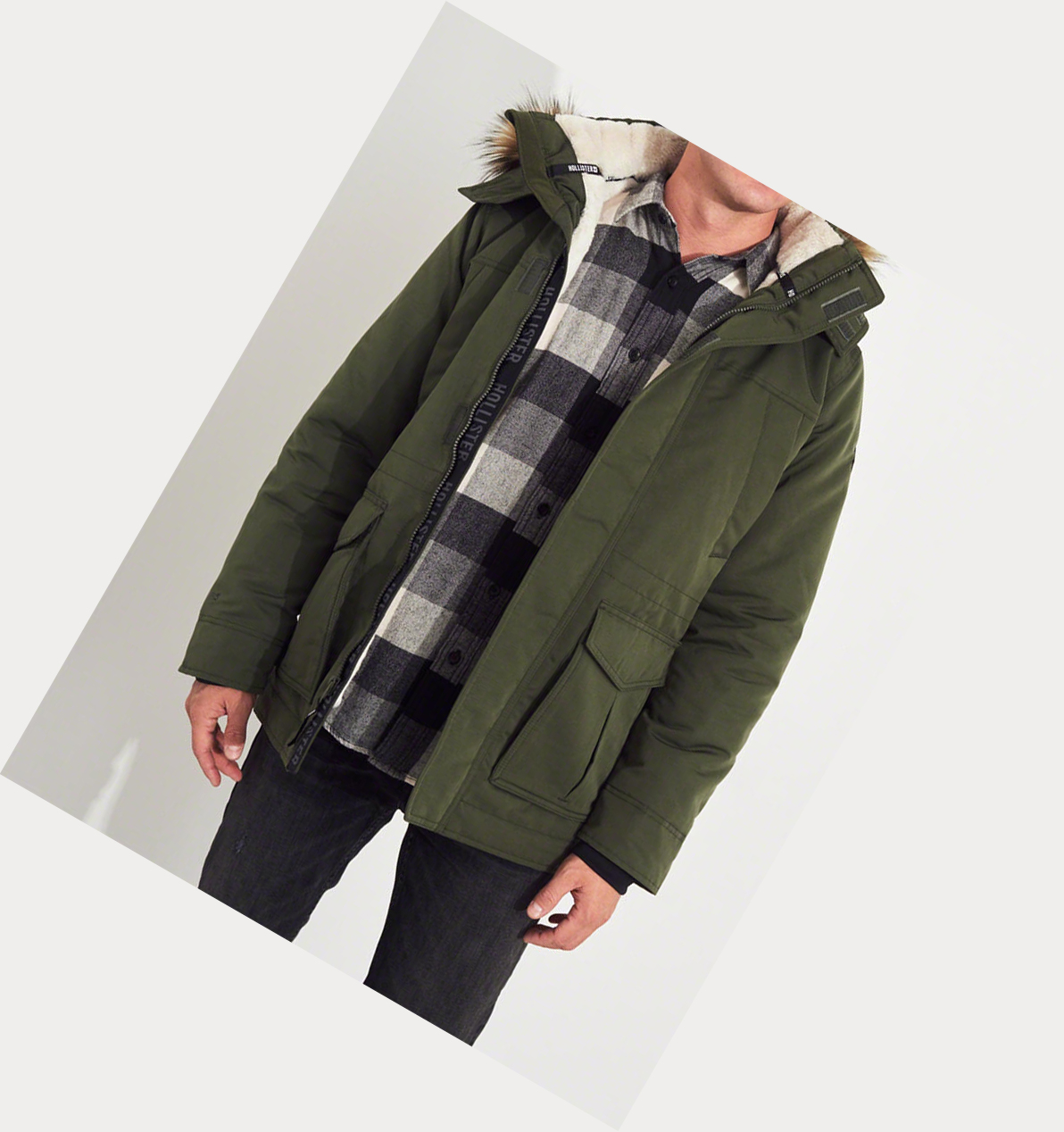 Olive Hollister Faux-Fur-Lined Men's Parka Jackets | ZA-FVWS618