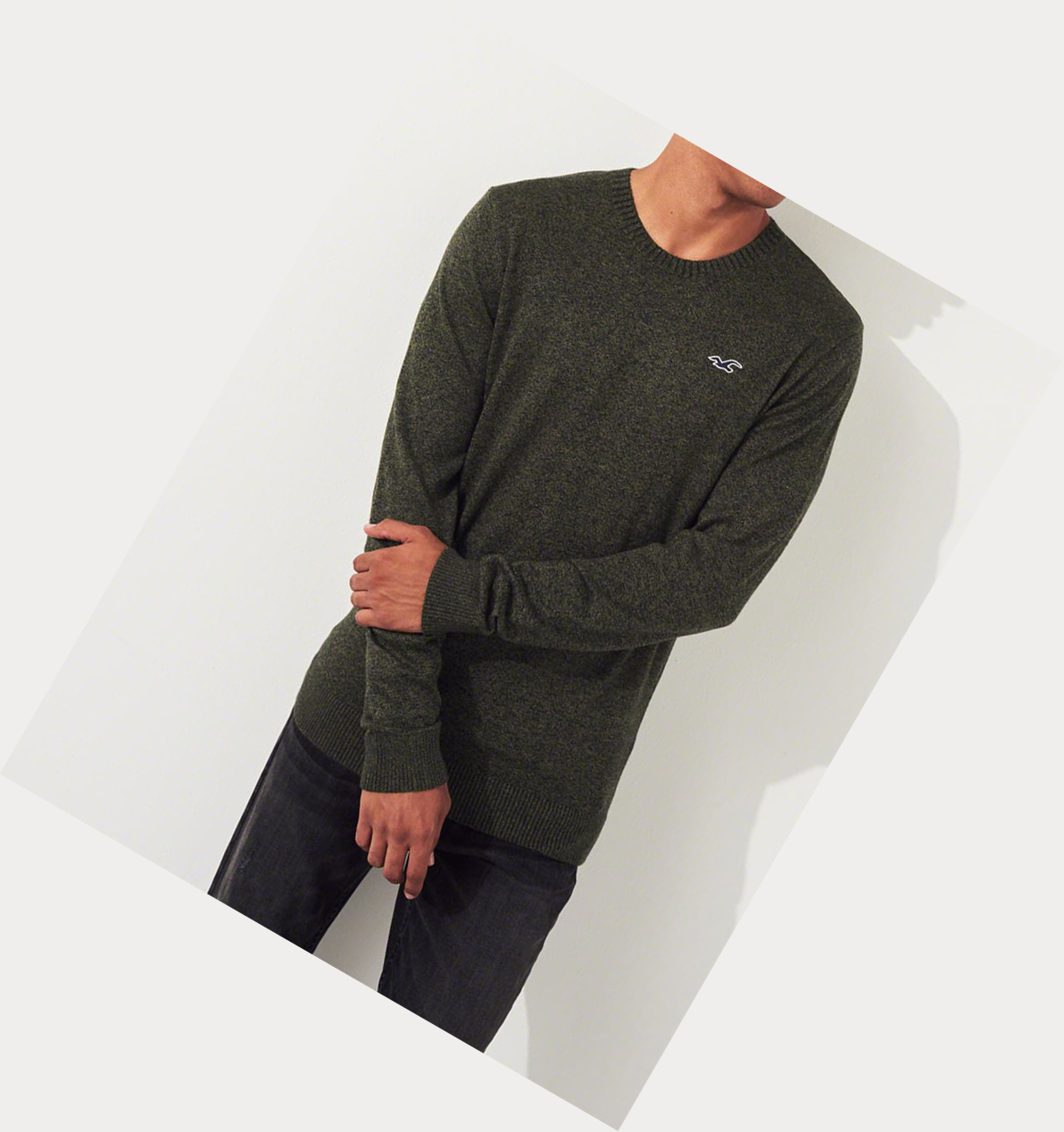 Olive Hollister Lightweight Crewneck Men's Sweaters | ZA-QXTP209