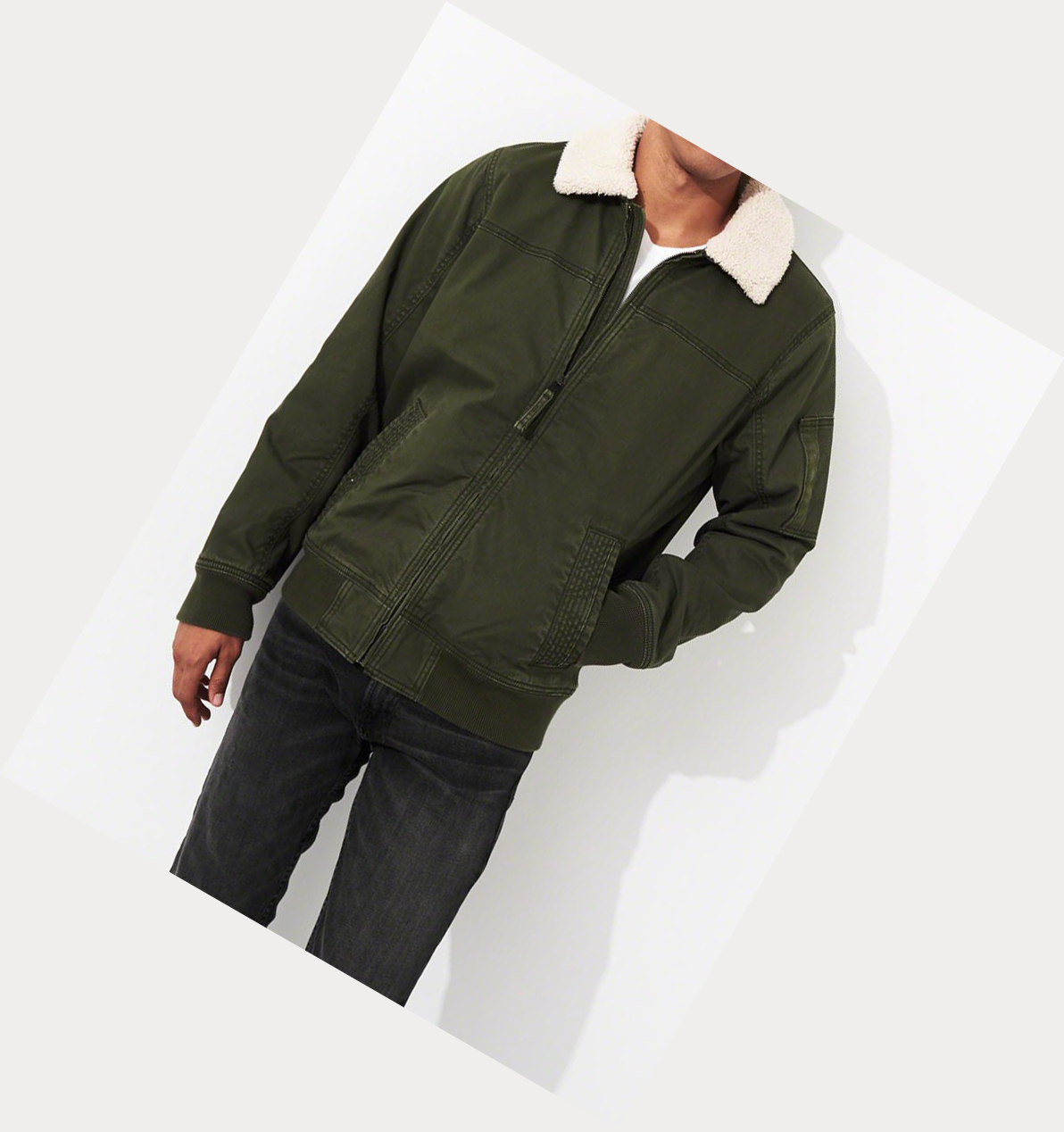 Olive Hollister Sherpa-Lined Hooded Men's Bomber Jackets | ZA-JIGK018