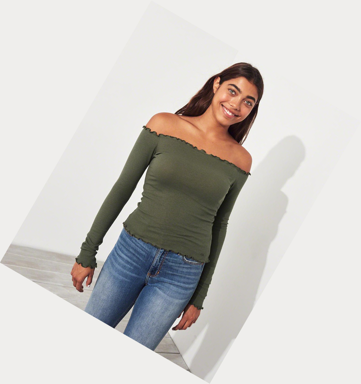 Olive Hollister Slim Off-The-Shoulder Women's Long Sleeve | ZA-ZFUE312