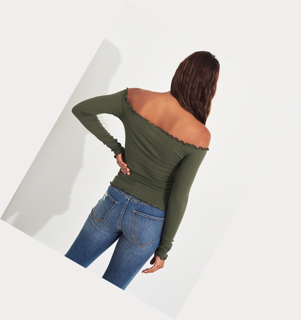 Olive Hollister Slim Off-The-Shoulder Women's Long Sleeve | ZA-ZFUE312