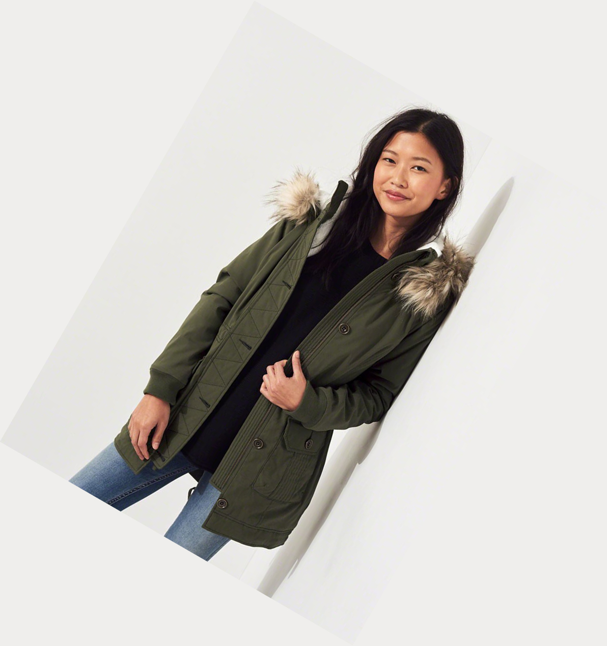 Olive Hollister Stretch Cozy-Lined Women's Parka Jackets | ZA-XPJA395