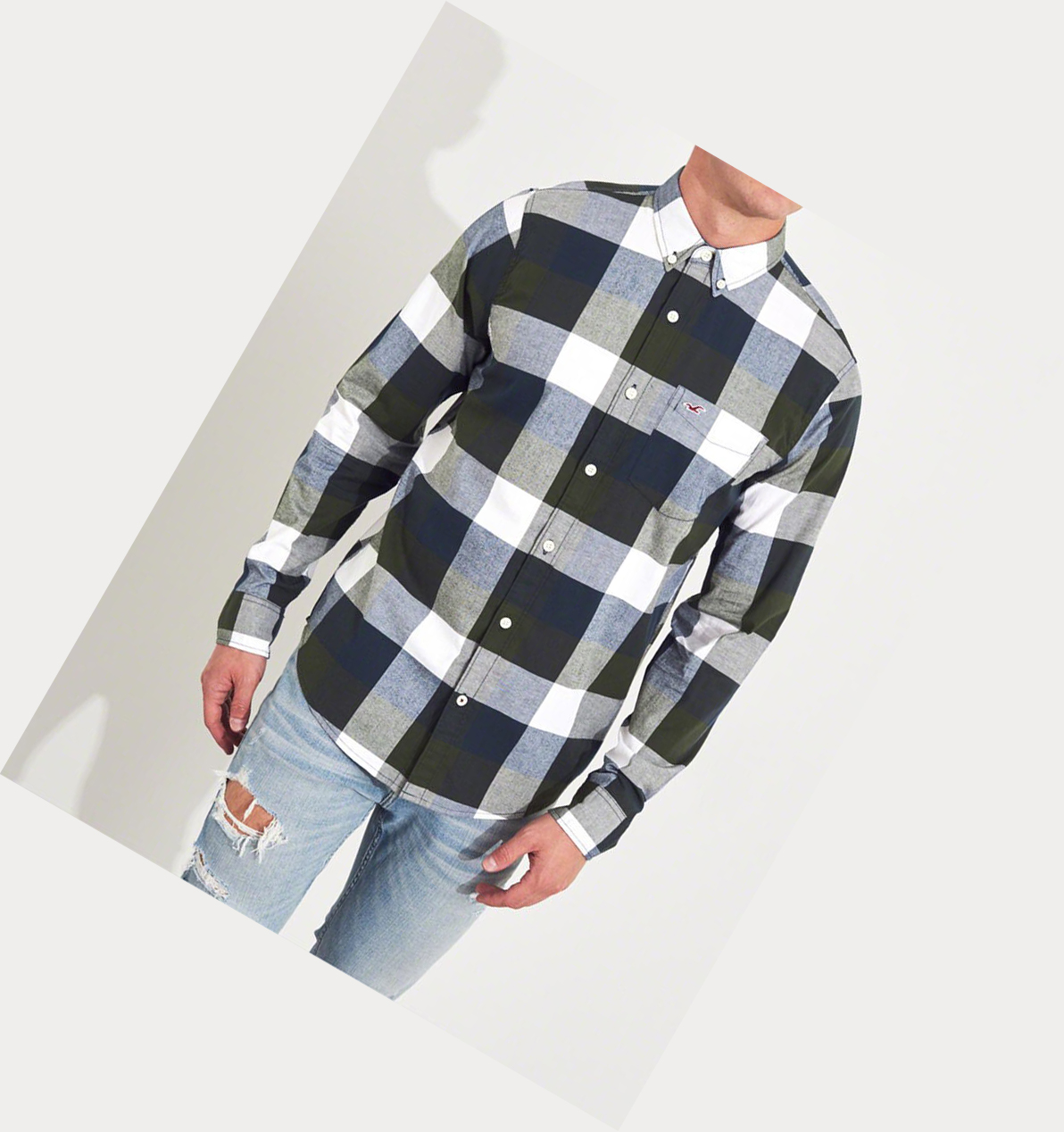 Olive Hollister Stretch Plaid Poplin Men's Long Sleeve | ZA-OJWZ204