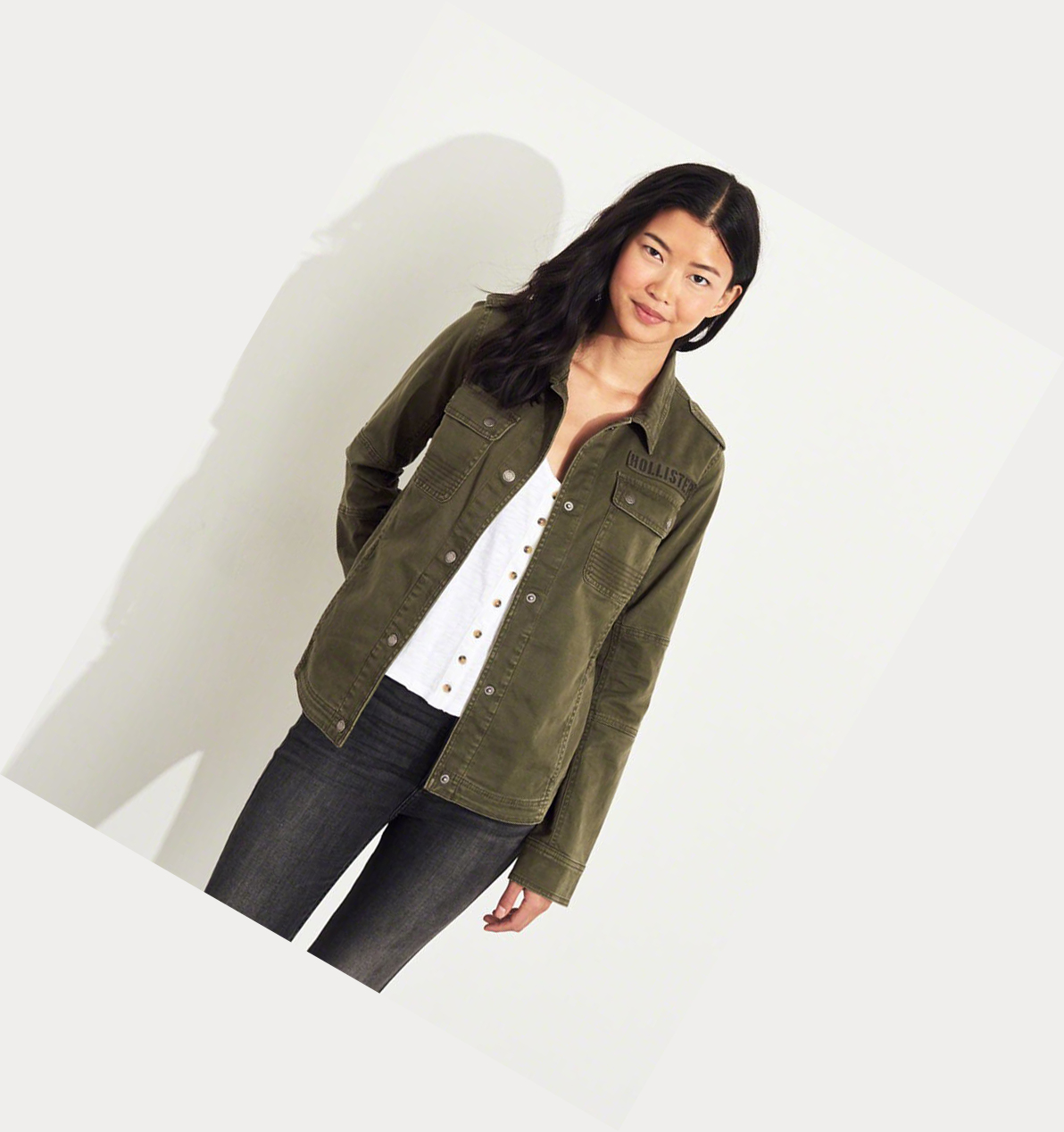 Olive Hollister Stretch Twill Military Shirt Women's Jackets | ZA-FNMO480