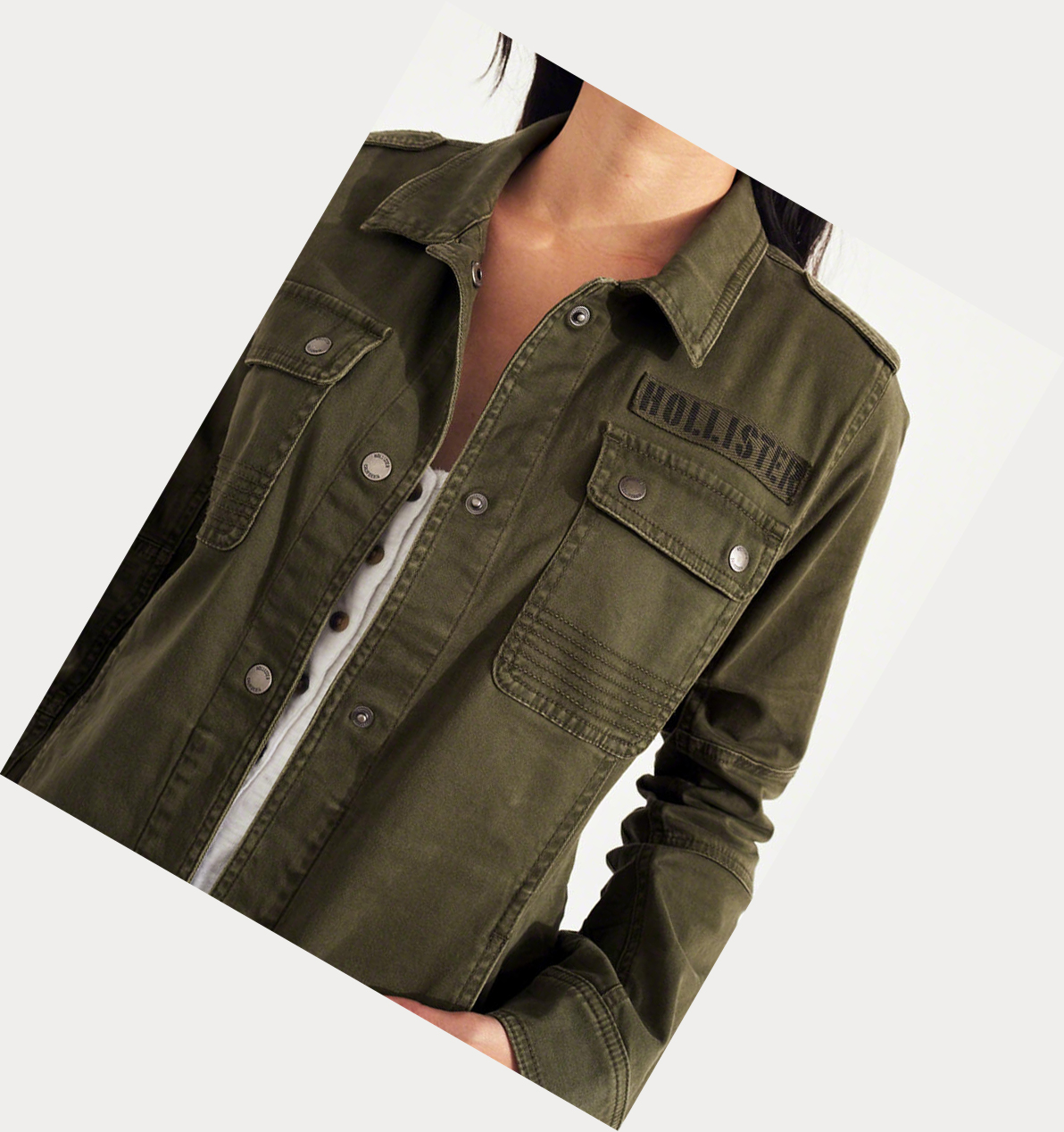 Olive Hollister Stretch Twill Military Shirt Women's Jackets | ZA-FNMO480