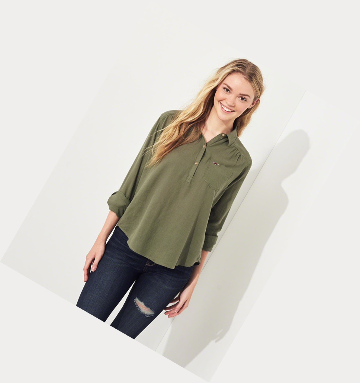 Olive Hollister Woven Popover Women's Long Sleeve | ZA-OTCS197