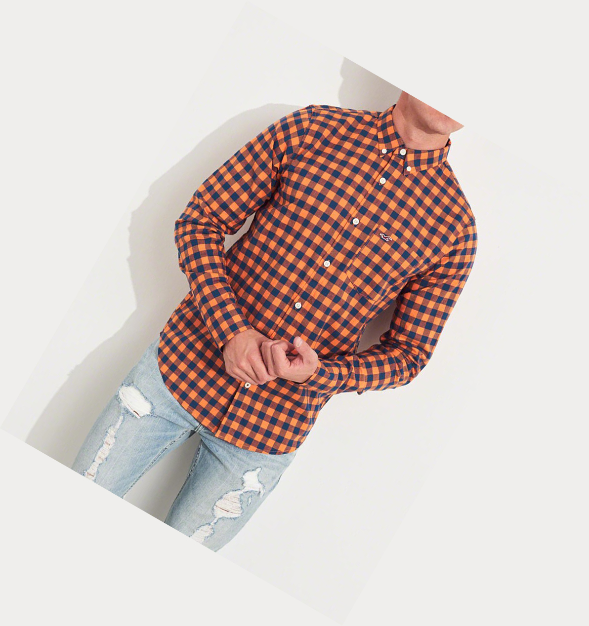 Orange Hollister Stretch Plaid Poplin Men's Long Sleeve | ZA-UVDQ926