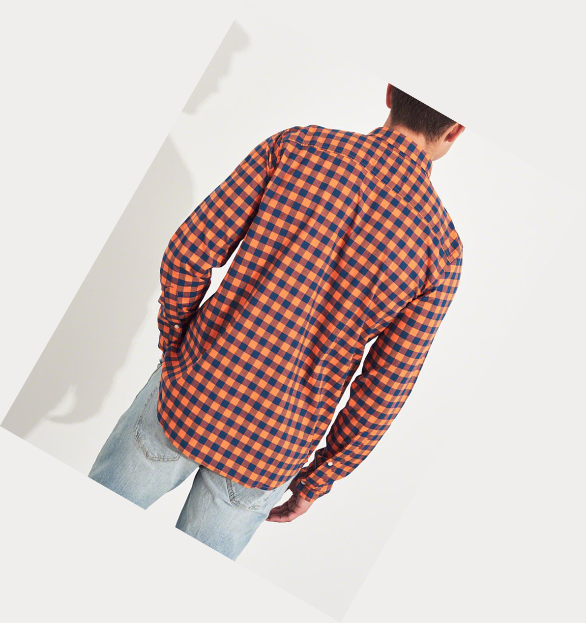 Orange Hollister Stretch Plaid Poplin Men's Long Sleeve | ZA-UVDQ926