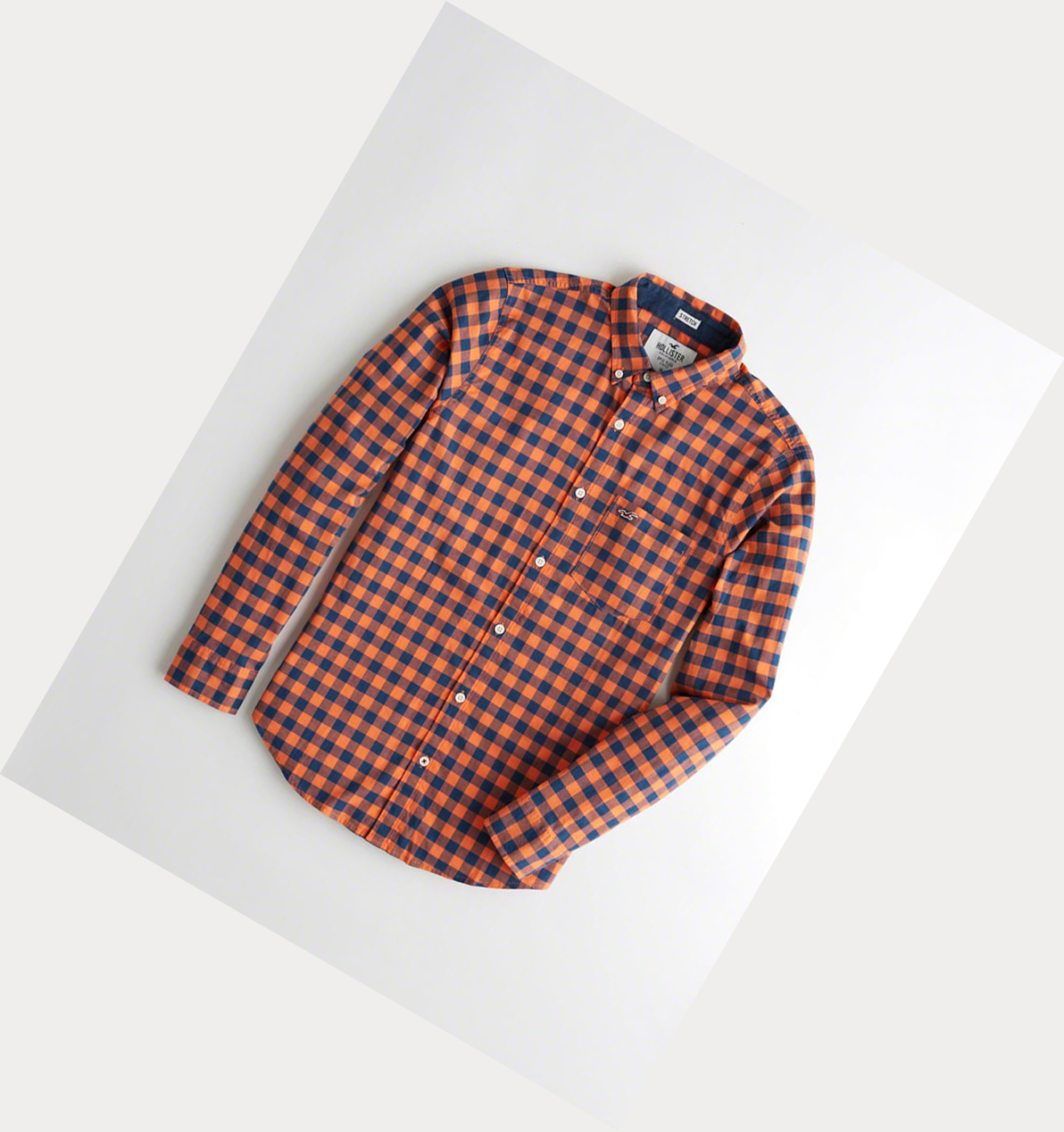 Orange Hollister Stretch Plaid Poplin Men\'s Long Sleeve | ZA-UVDQ926