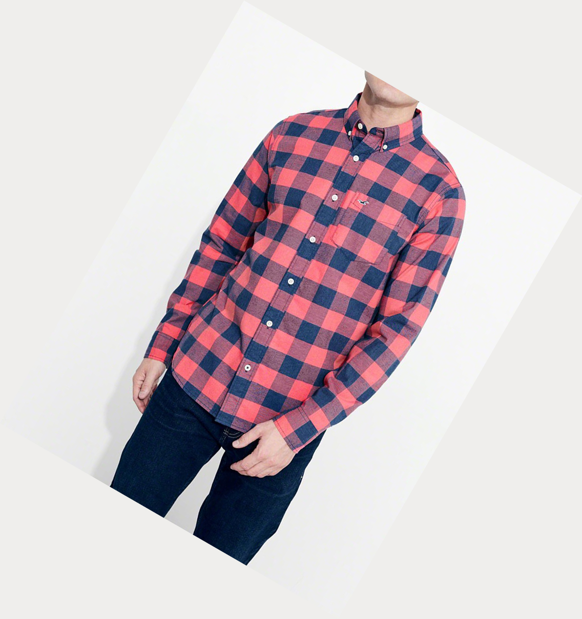 Pink Hollister Stretch Check Poplin Men's Long Sleeve | ZA-EMHS589