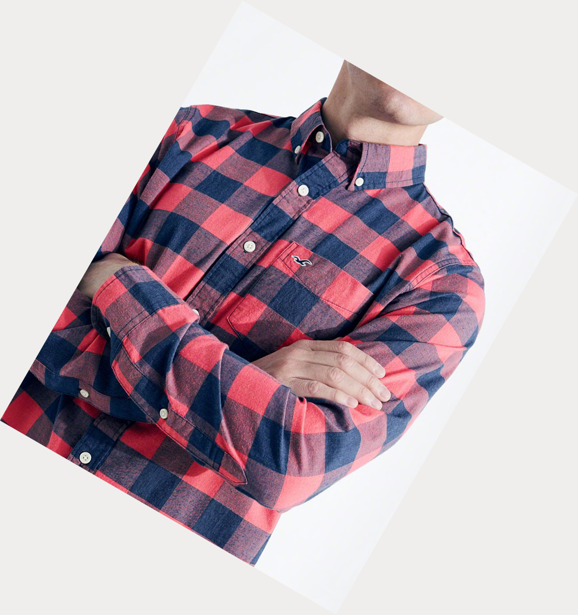 Pink Hollister Stretch Check Poplin Men's Long Sleeve | ZA-EMHS589