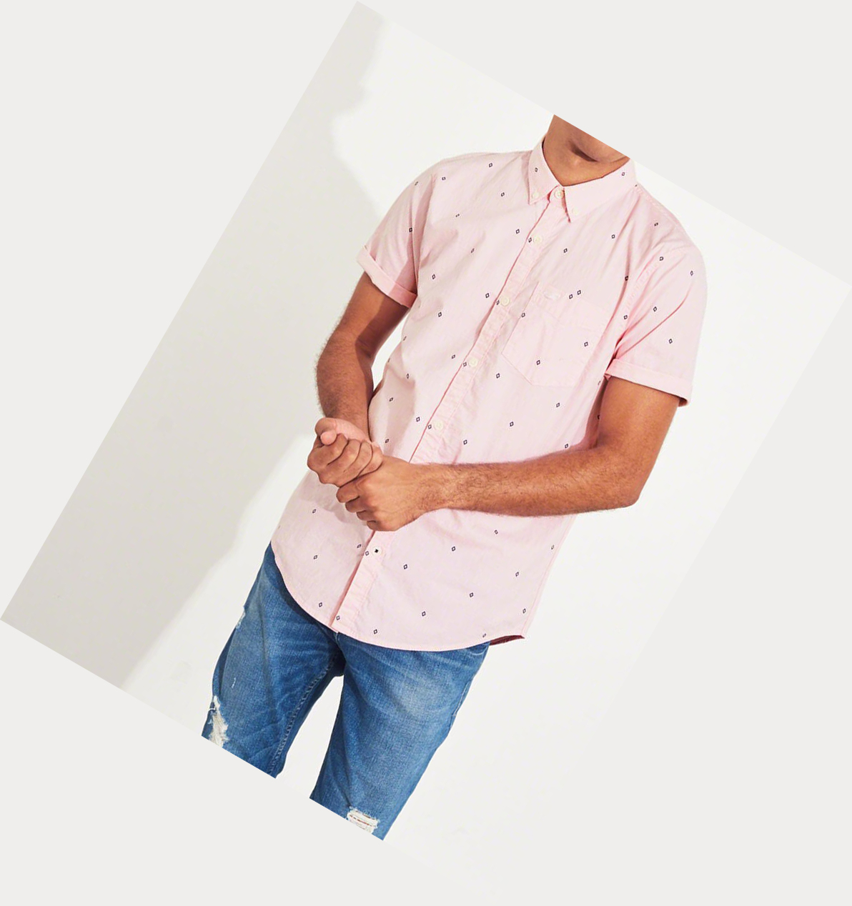 Pink Hollister Stretch Poplin Men's Short Sleeve | ZA-XLYH546