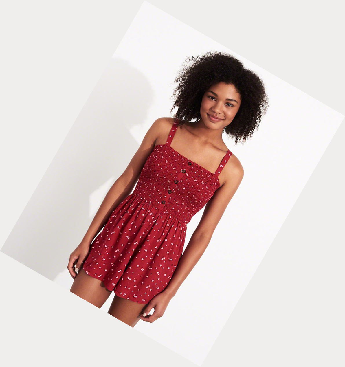 Red Hollister Button-Front Smocked Women's Rompers | ZA-RZIU840