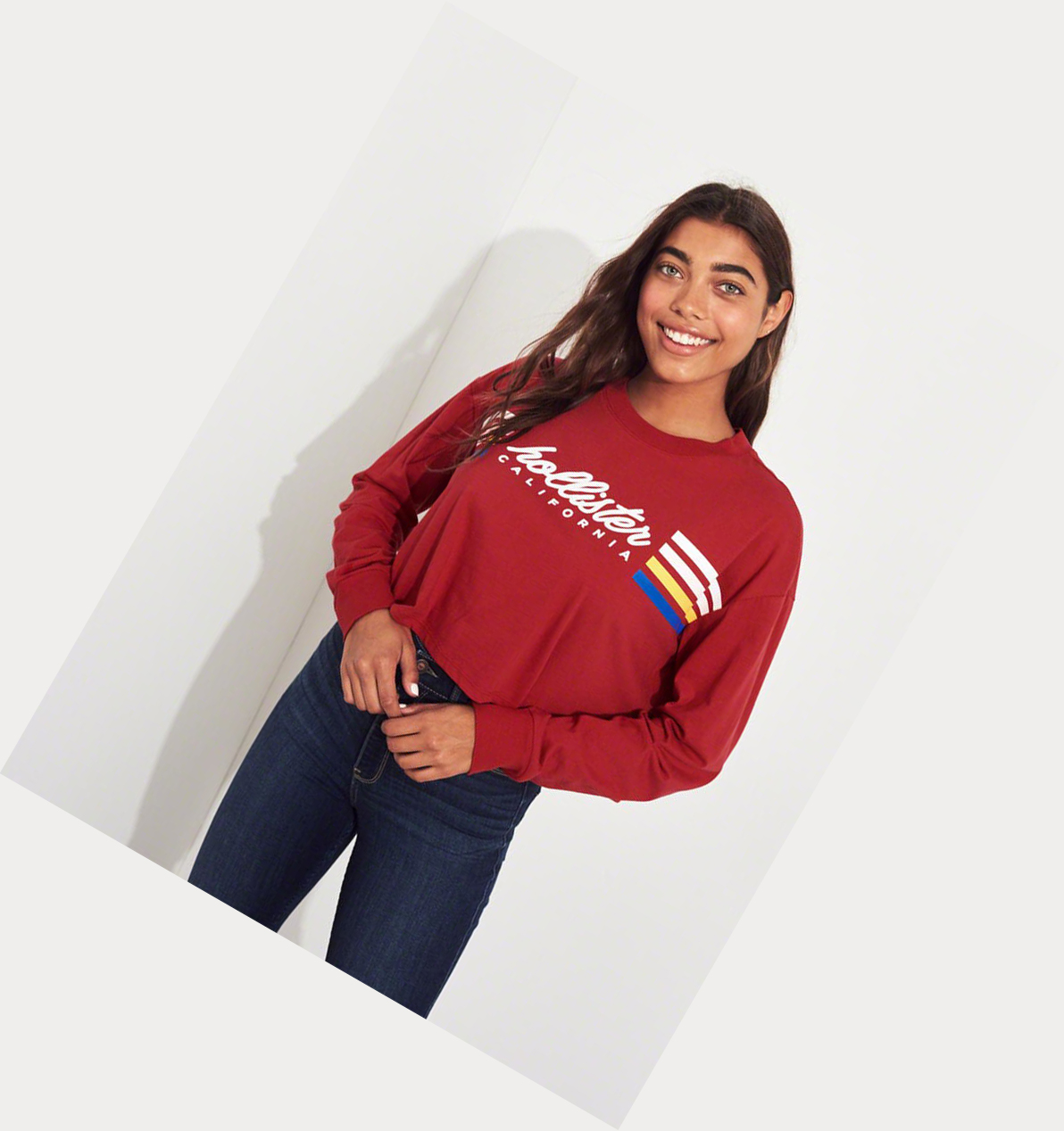 Red Hollister Crop Boyfriend Women's Long Sleeve | ZA-WOTU682