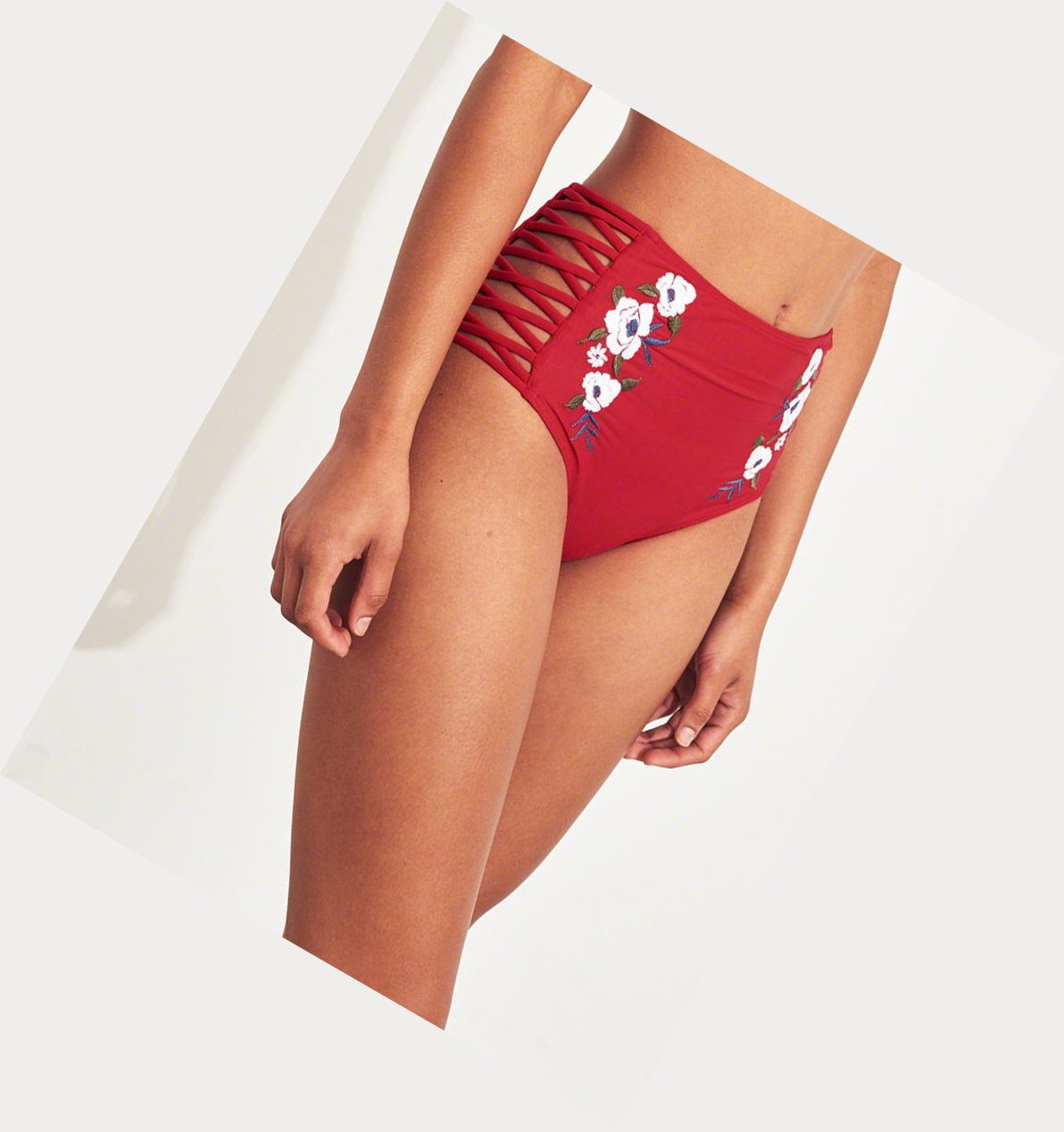 Red Hollister Embroidered Strappy High-Waist Women's Bikini Bottoms | ZA-YKZL572