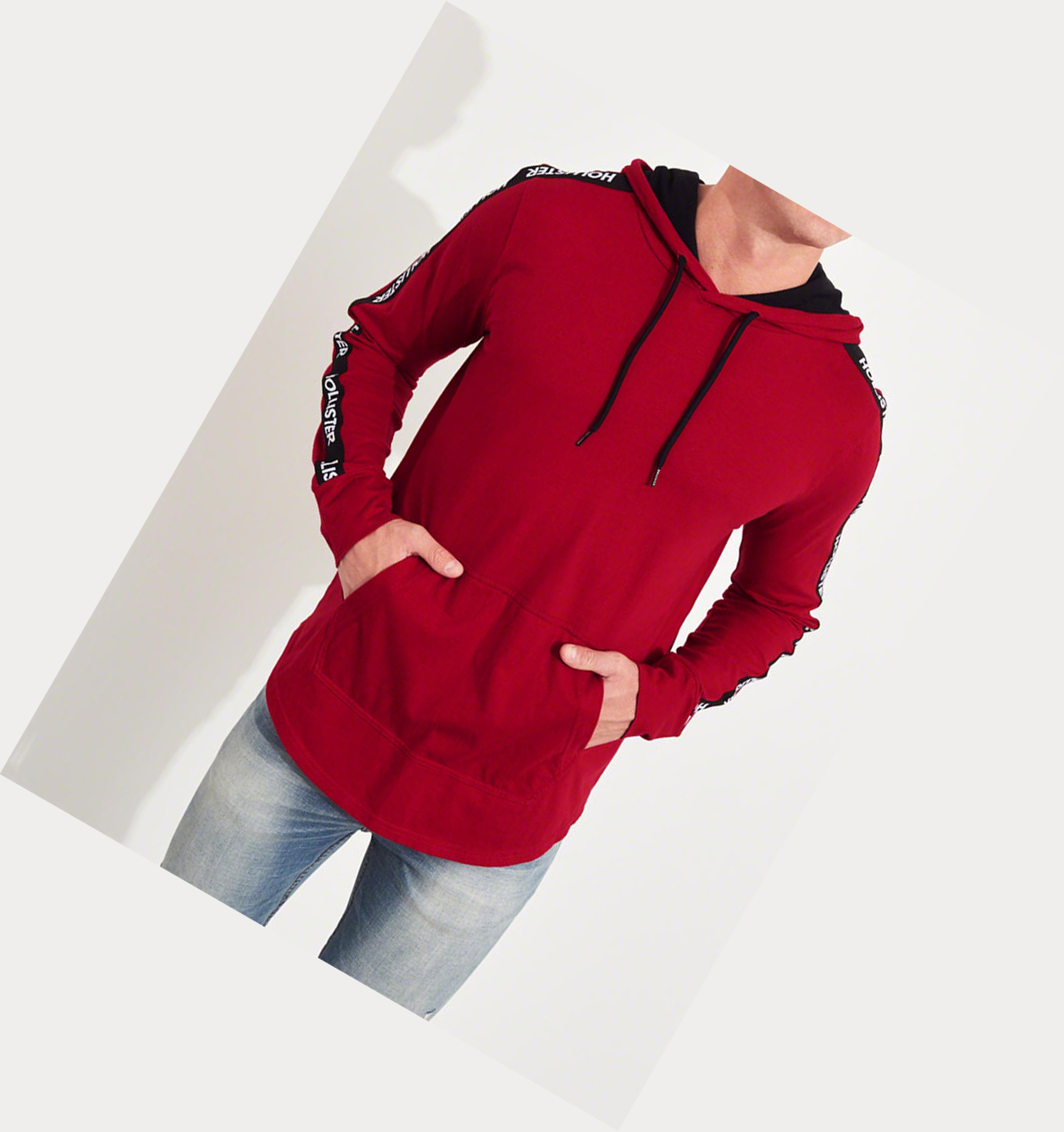 Red Hollister Logo Hooded Men's Long Sleeve | ZA-PWJA647