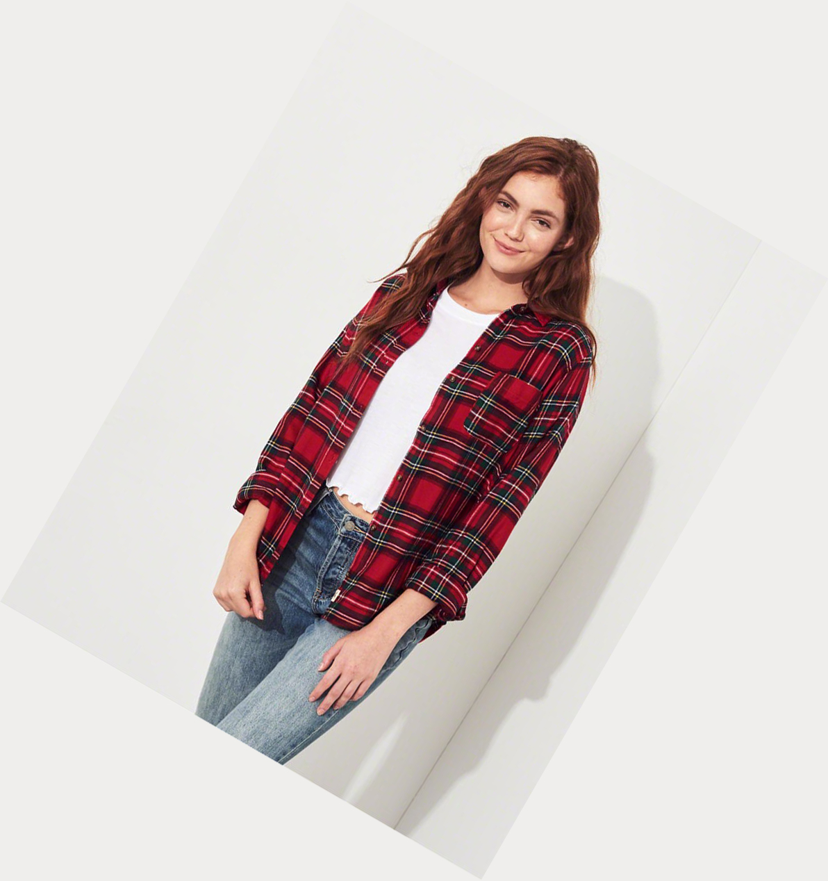 Red Hollister Plaid Women's Long Sleeve | ZA-POJZ597