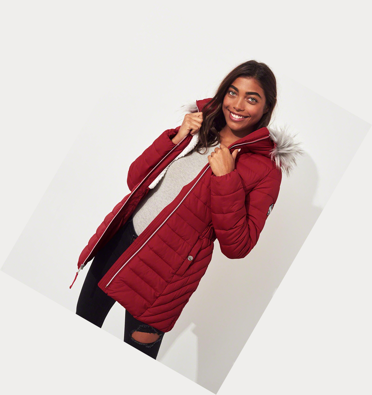 Red Hollister Sherpa-Lined Puffer Women's Parka Jackets | ZA-QFNB390