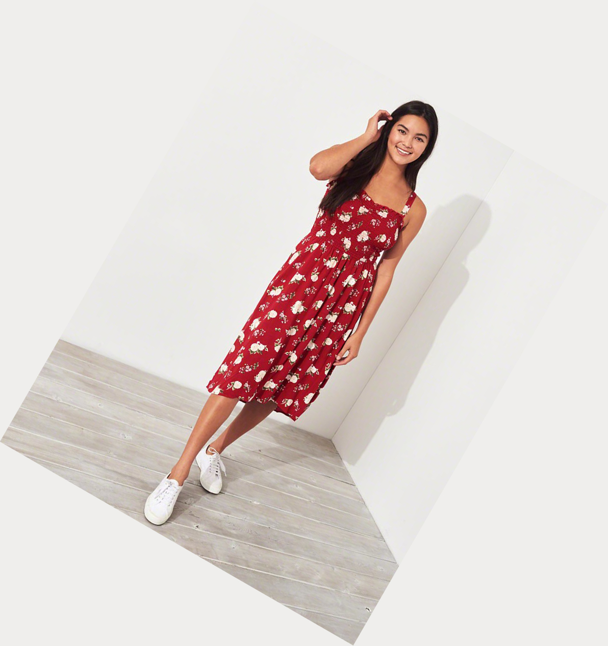 Red Hollister Smocked Midi Women's Dress | ZA-WVCL208