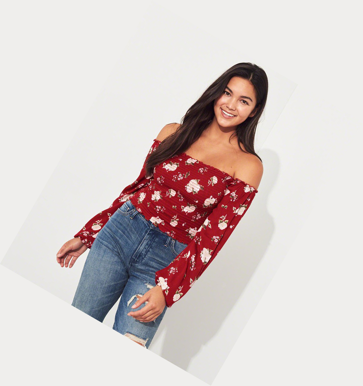 Red Hollister Smocked Off-The-Shoulder Women's Long Sleeve | ZA-QGHV893