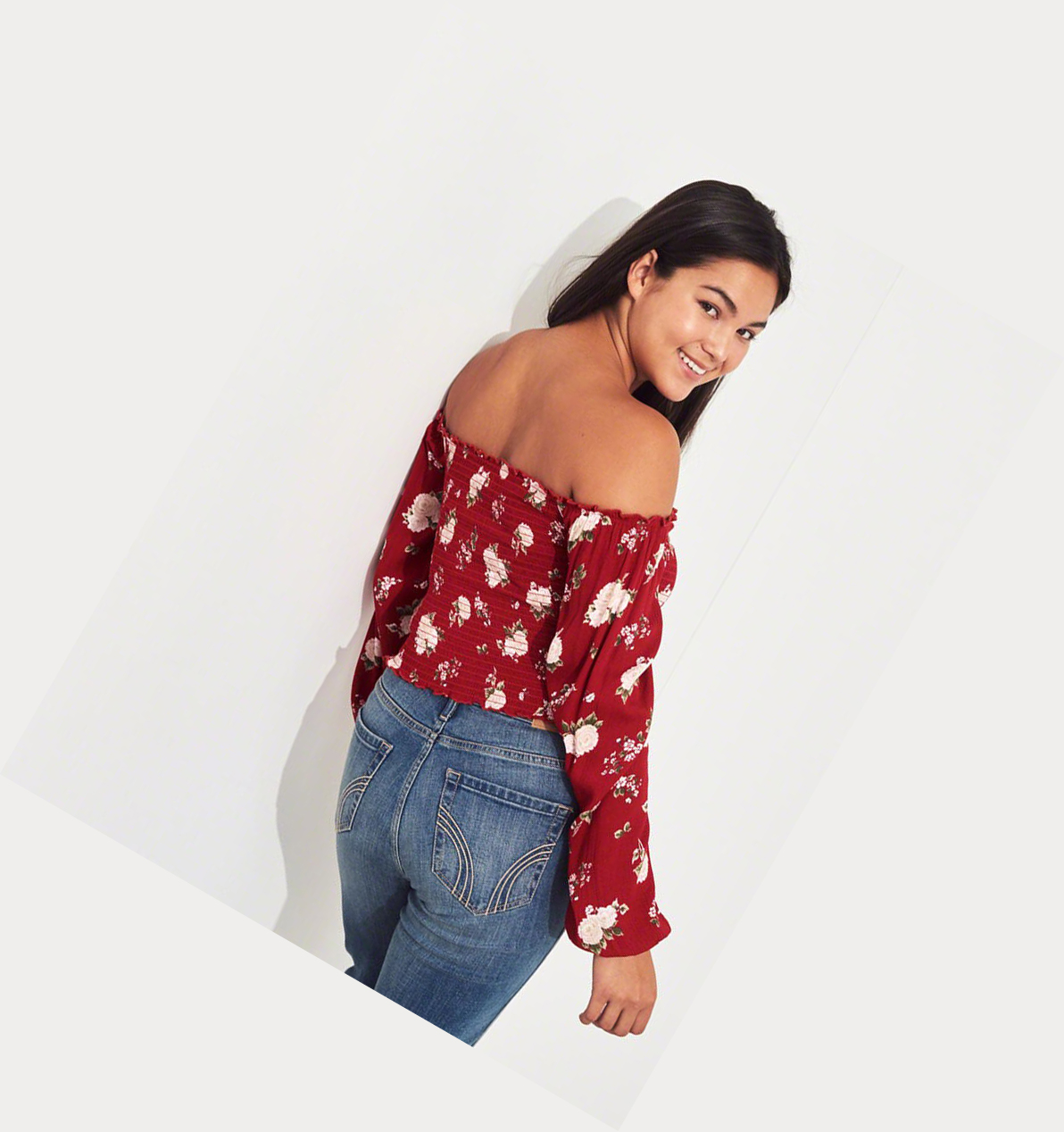 Red Hollister Smocked Off-The-Shoulder Women's Long Sleeve | ZA-QGHV893