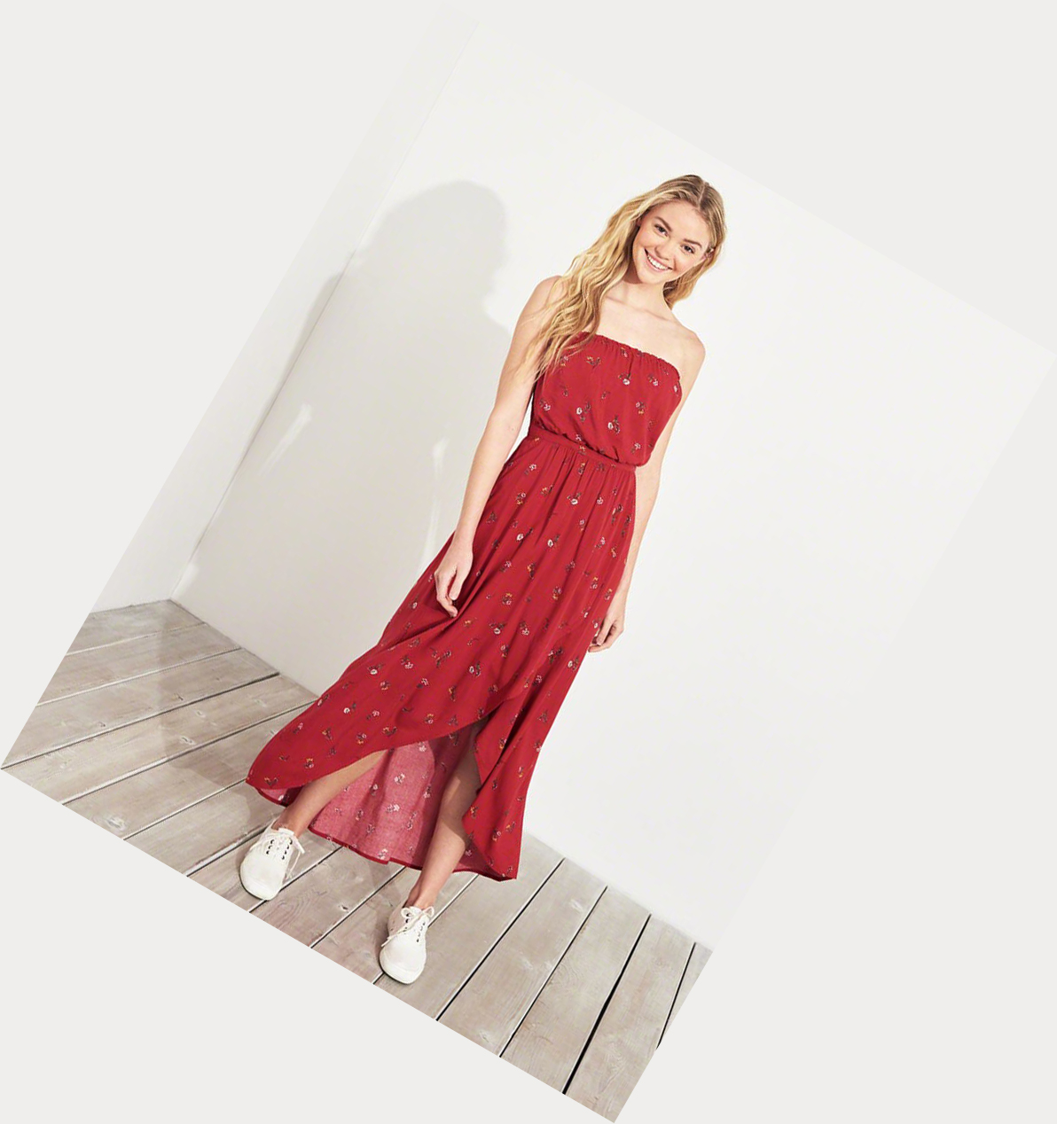 Red Hollister Strapless High-Low Wrap Maxi Women's Dress | ZA-OXCF345