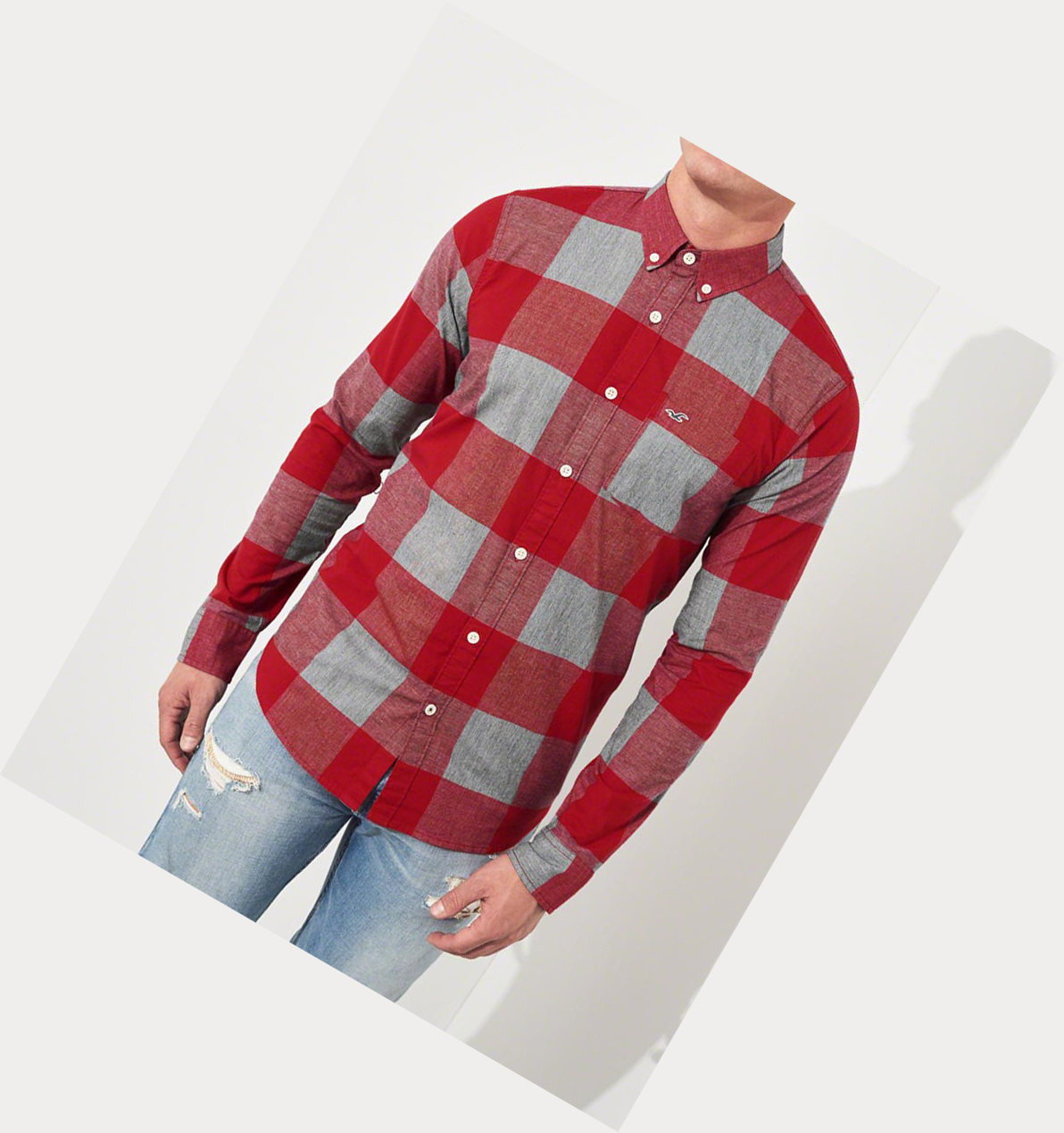 Red Hollister Stretch Plaid Poplin Men's Long Sleeve | ZA-CVYN378