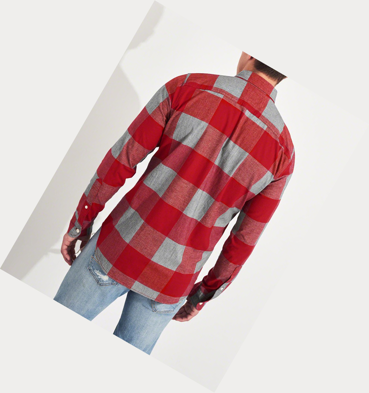 Red Hollister Stretch Plaid Poplin Men's Long Sleeve | ZA-CVYN378