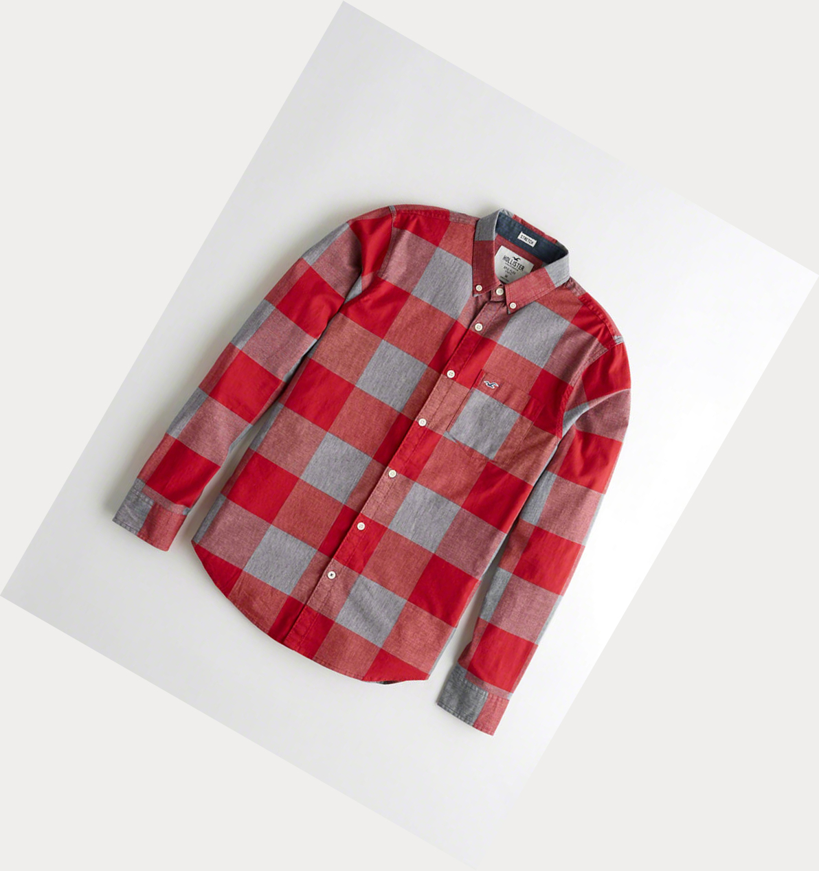 Red Hollister Stretch Plaid Poplin Men\'s Long Sleeve | ZA-CVYN378