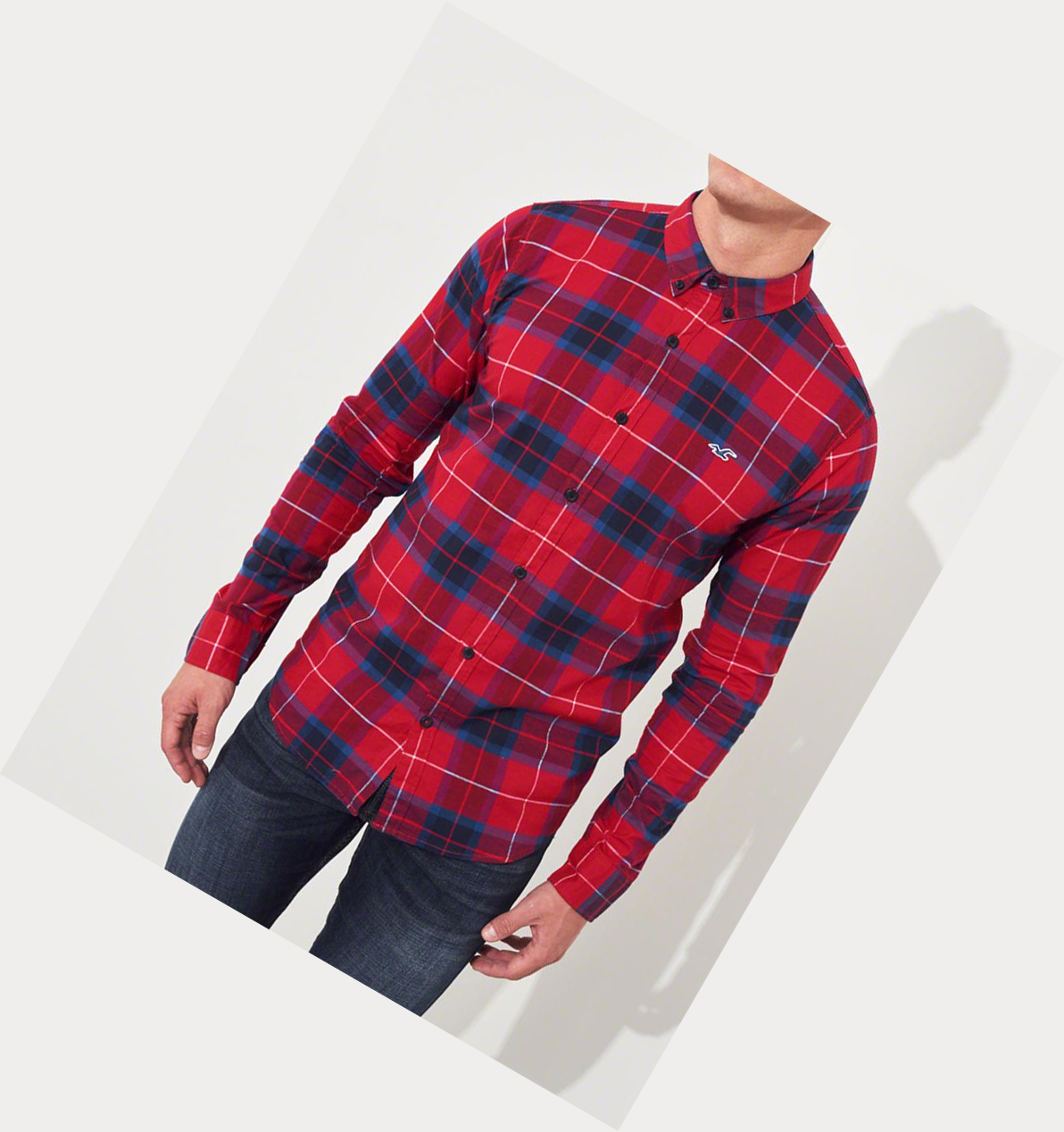 Red Hollister Stretch Plaid Poplin Men's Long Sleeve | ZA-PBFC832