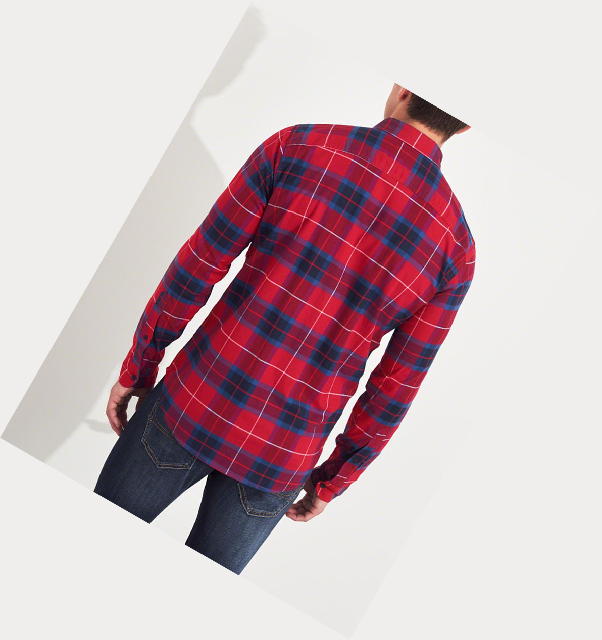 Red Hollister Stretch Plaid Poplin Men's Long Sleeve | ZA-PBFC832