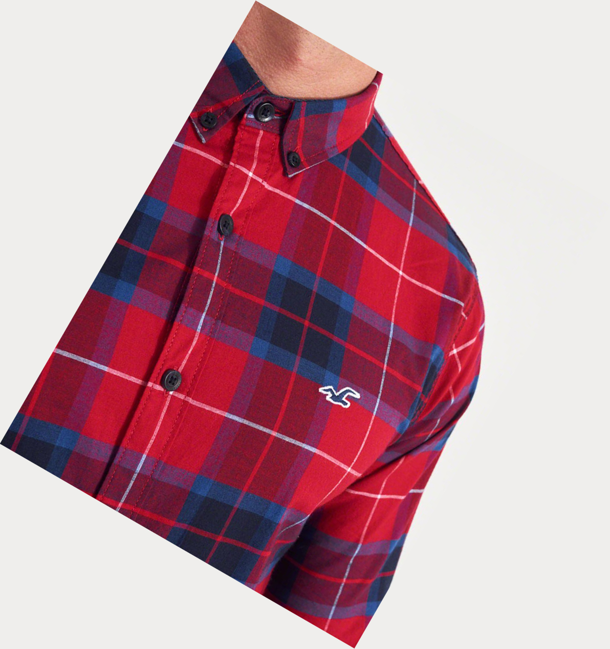 Red Hollister Stretch Plaid Poplin Men's Long Sleeve | ZA-PBFC832