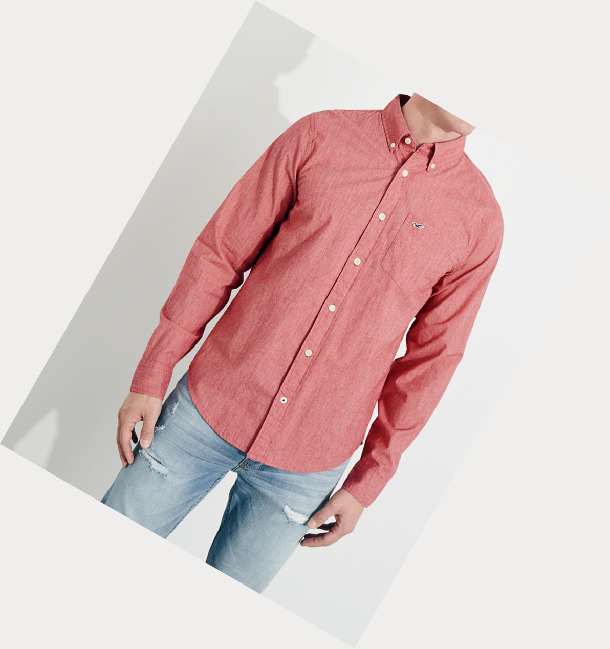 Red Hollister Stretch Poplin Men's Long Sleeve | ZA-LQWJ256