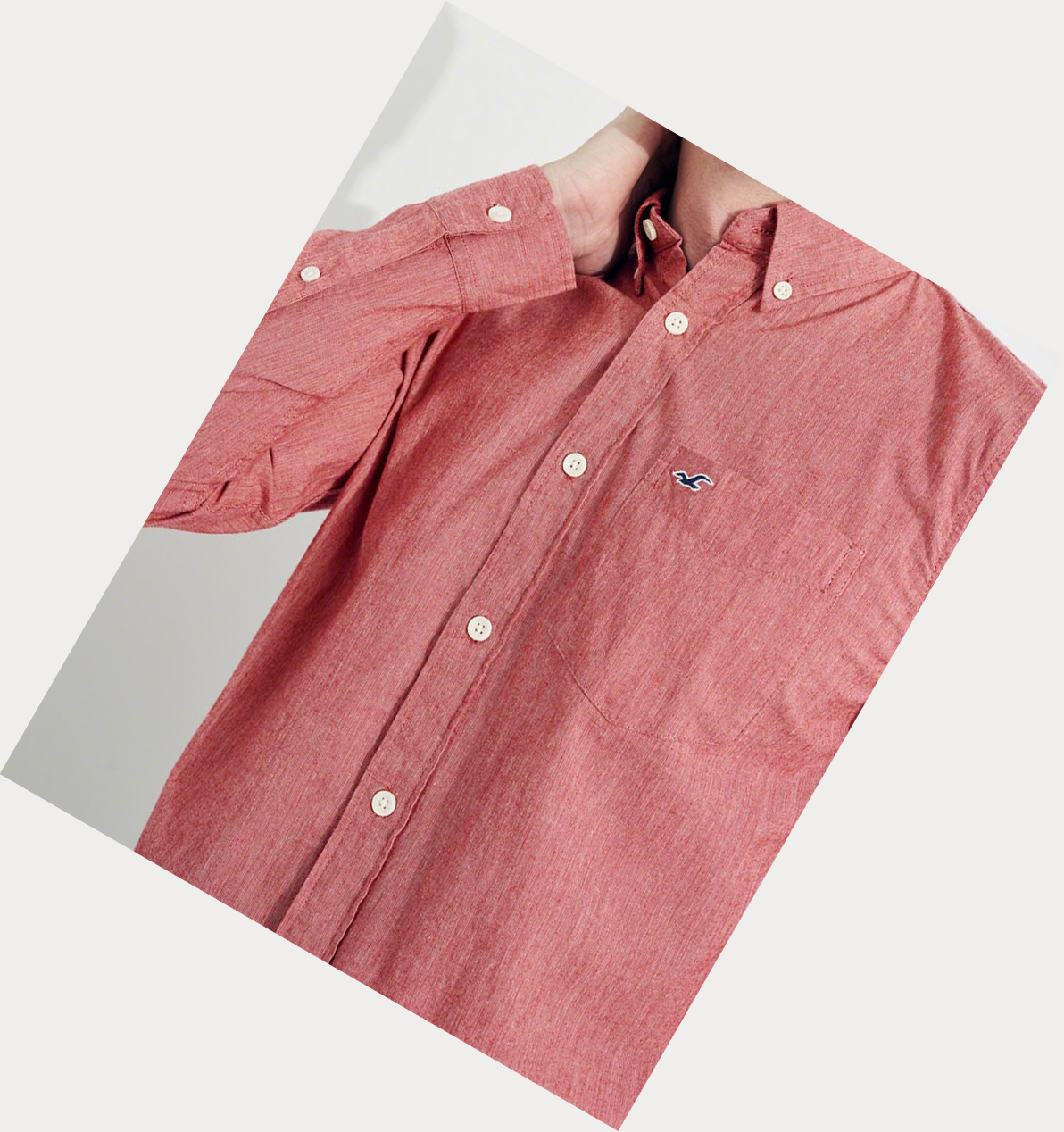 Red Hollister Stretch Poplin Men's Long Sleeve | ZA-LQWJ256