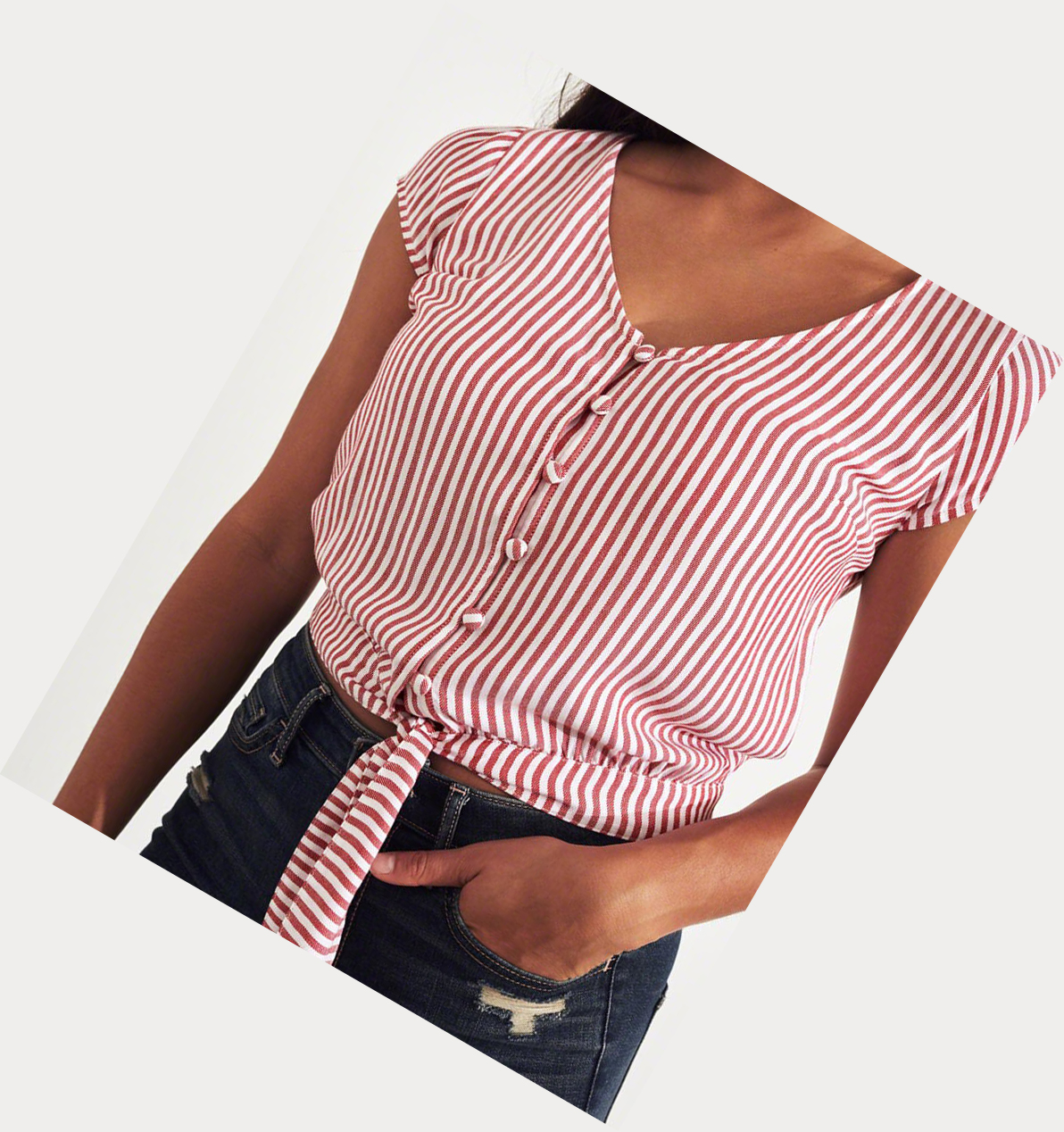 Red Stripes Hollister Tie-Front Crop Women's Short Sleeve | ZA-HEUR091