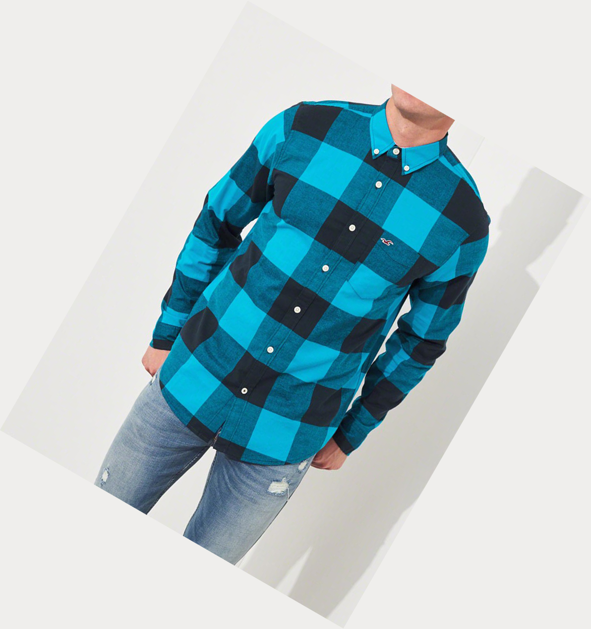 Turquoise Hollister Stretch Plaid Poplin Men's Long Sleeve | ZA-JKSZ815