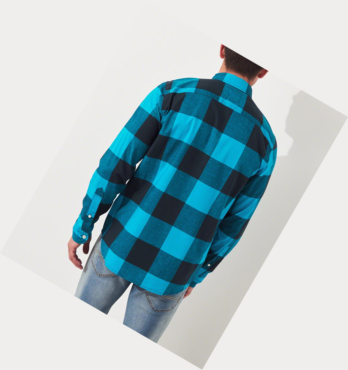 Turquoise Hollister Stretch Plaid Poplin Men's Long Sleeve | ZA-JKSZ815